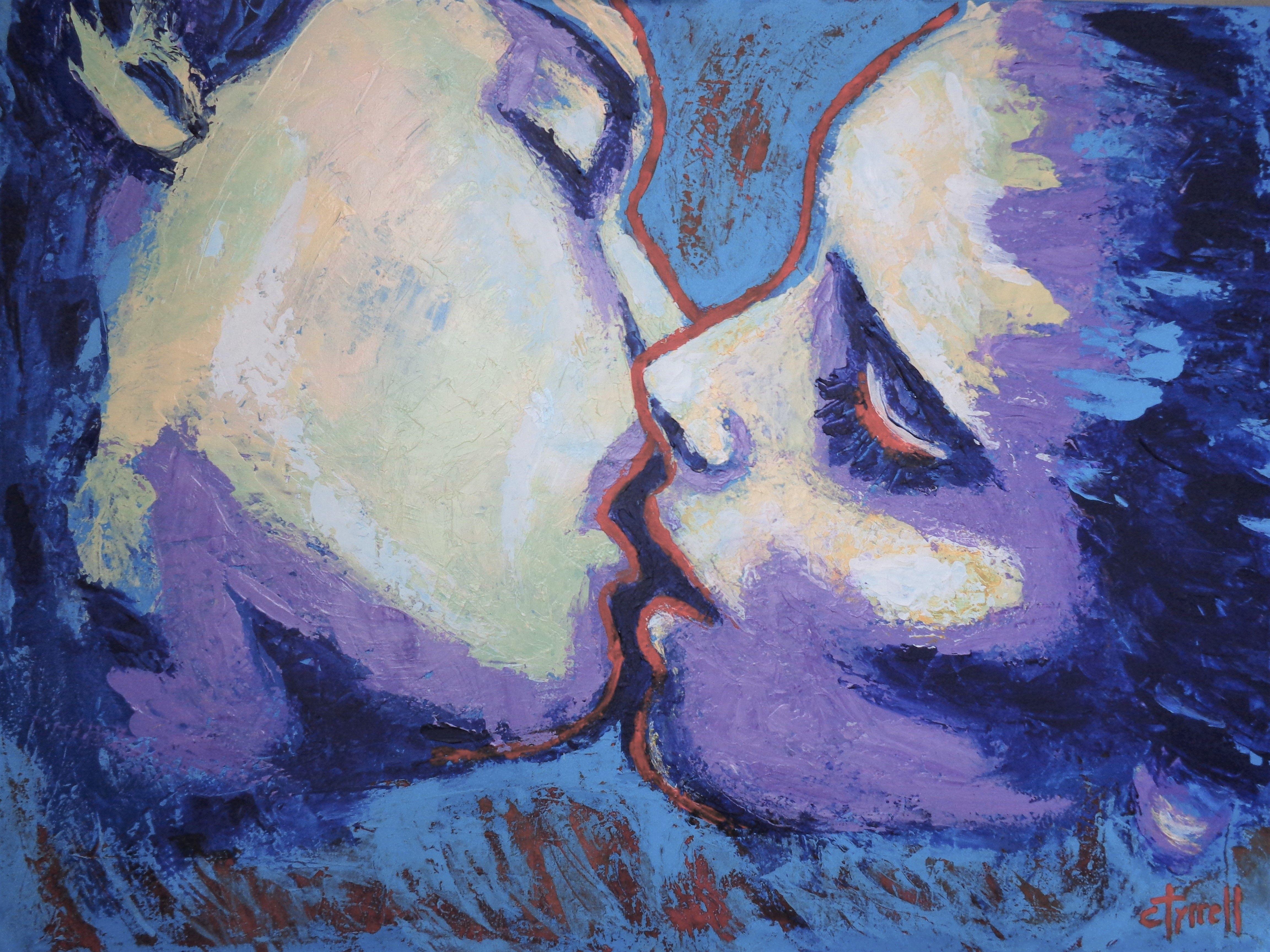 Original expressionist figurative acrylics painting on stretched canvas, painted edges and ready to hang. Frame is optional. Part of the series of Lovers portraits, romantic image of a man and woman kissing. Colourful and textured. Use of light