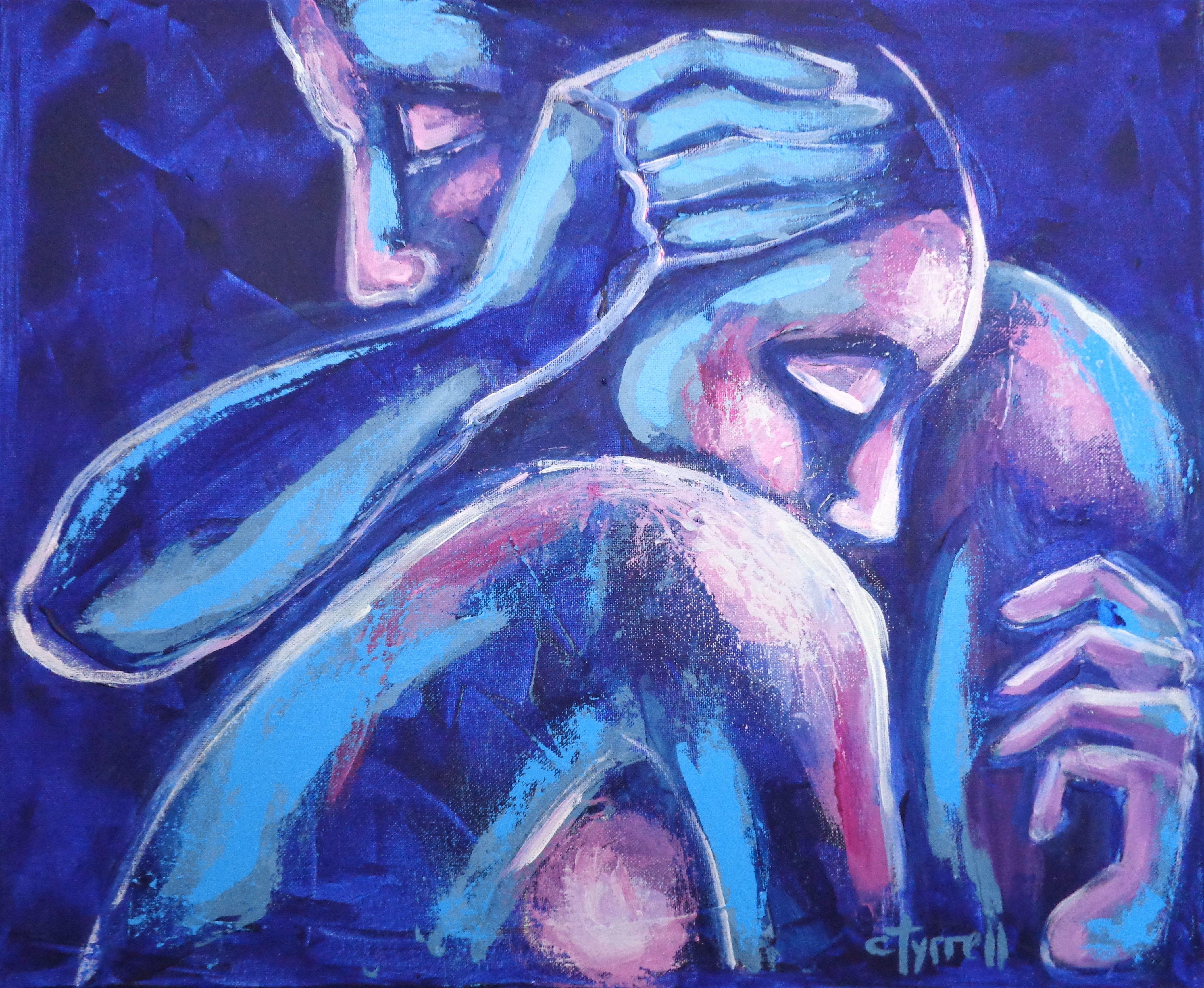 Original expressionist figurative acrylics painting on canvas, painted edges and ready to hang. Part of a new series of emotional and sensual paintings of embraced couples in love. Main colour BLUE brings calm and tranquility and the accents of