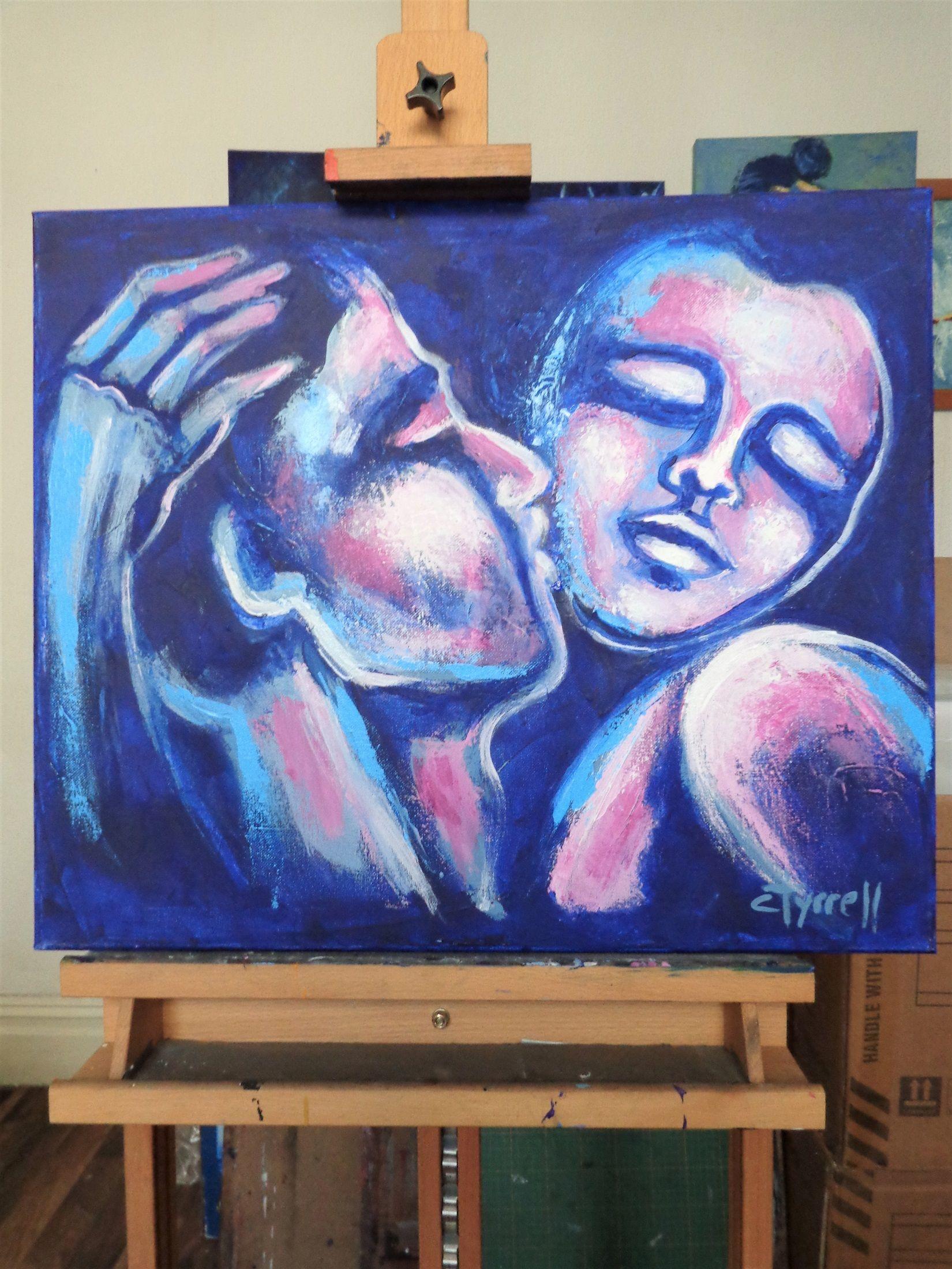 Original expressionist figurative acrylics painting on canvas, painted edges and ready to hang. The third work in the new series of emotional and sensual paintings of embraced couples in love. Main colour BLUE brings calm and tranquility and the