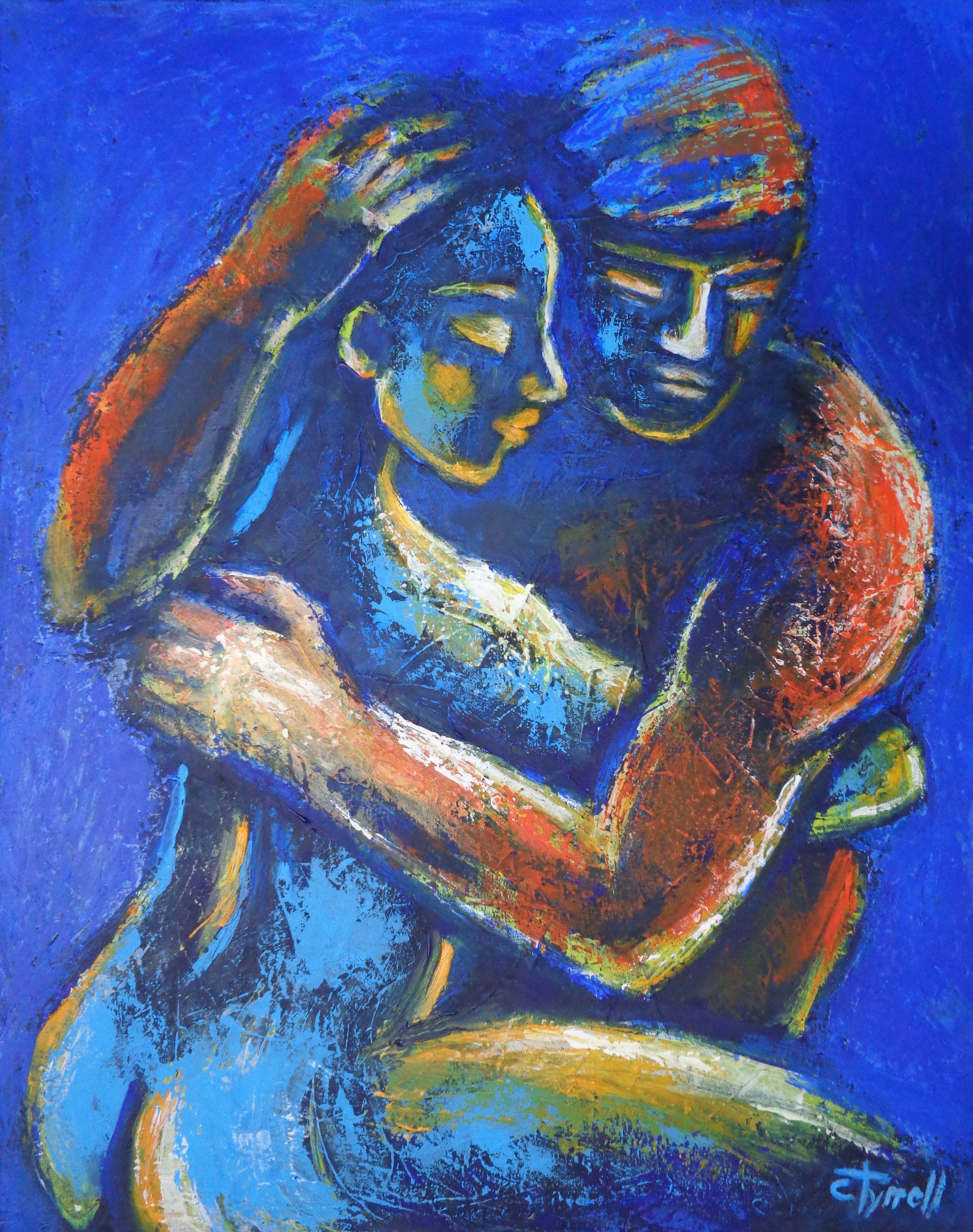 Original semi-abstract figurative acrylics painting on canvas, painted edges and ready to hang. Colourful and textured produced using the palette knife. The 10th artwork in the series "Night of Passion". Emotional image of embraced couple in love.
