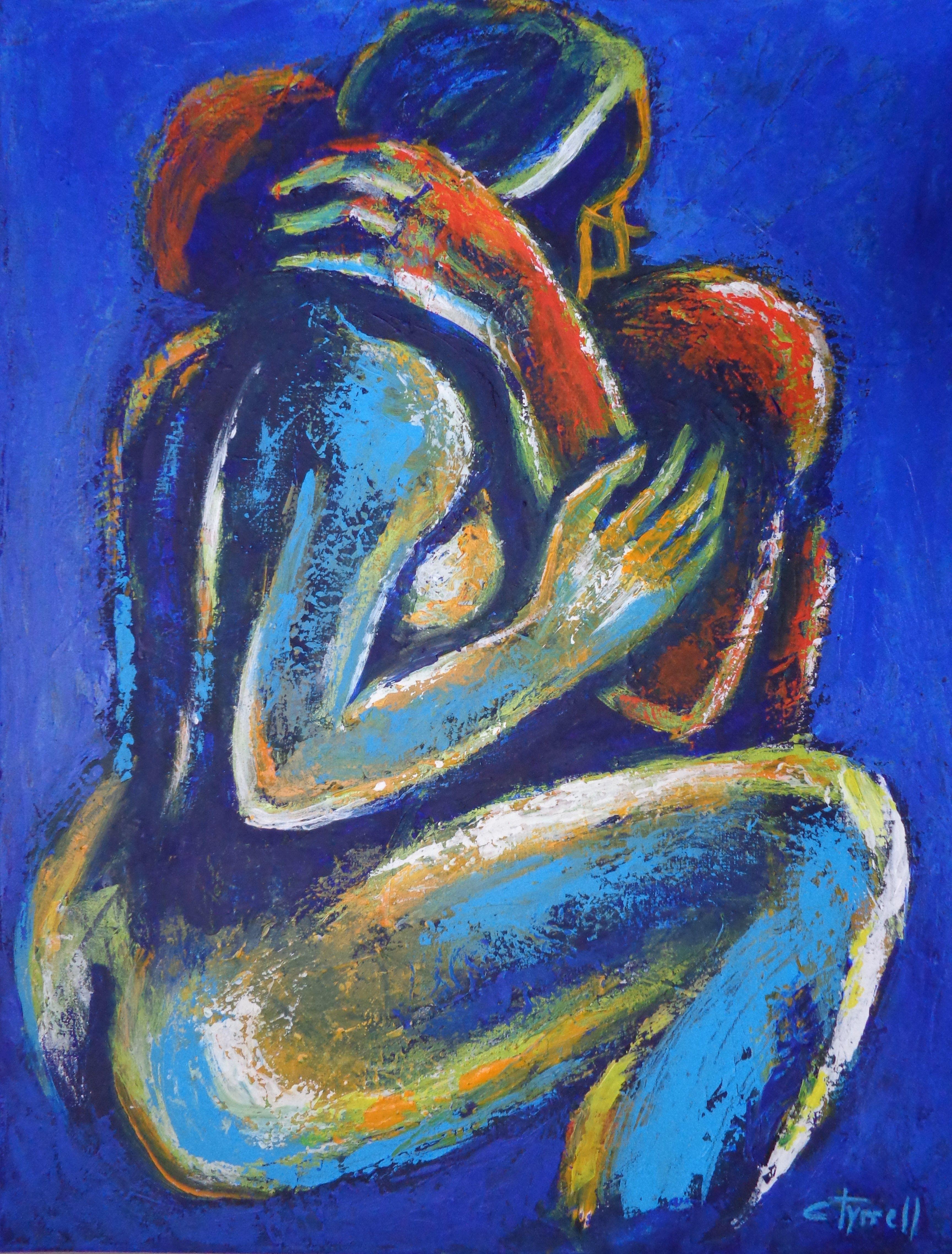 Original semi-abstract figurative acrylics painting on canvas, painted edges and ready to hang. Colourful and textured produced using the palette knife. The 9th artwork in the series "Night of Passion". Emotional image of embraced couple in love.