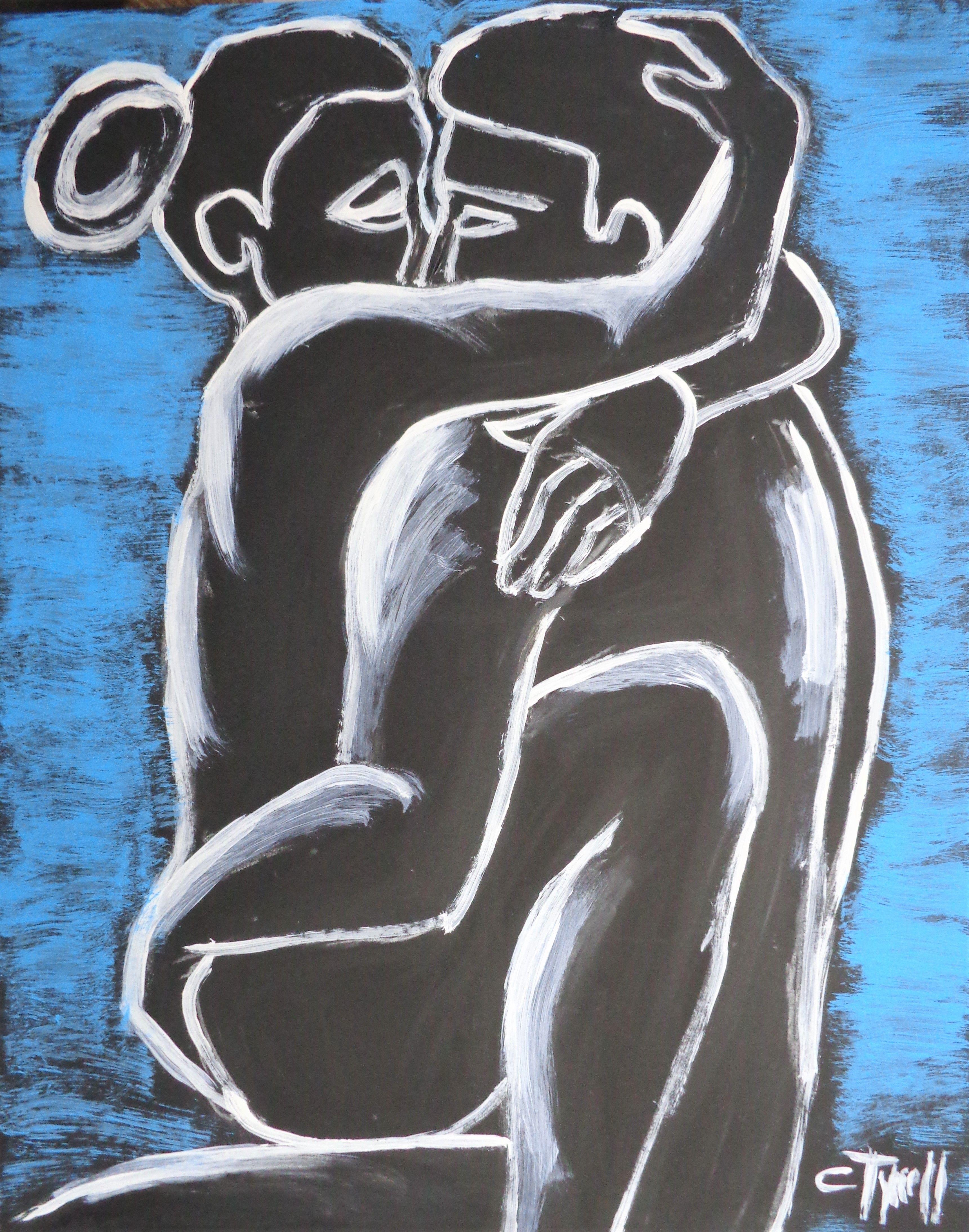Original semi-abstract figurative painting on black cartridge, unframed. Spontaneous artwork made using blue and white acrylics. Emotional and sensual image of an embraced couple in love, part of a new series. Size 51 cm x 63 cm (20" x 25"). Quality