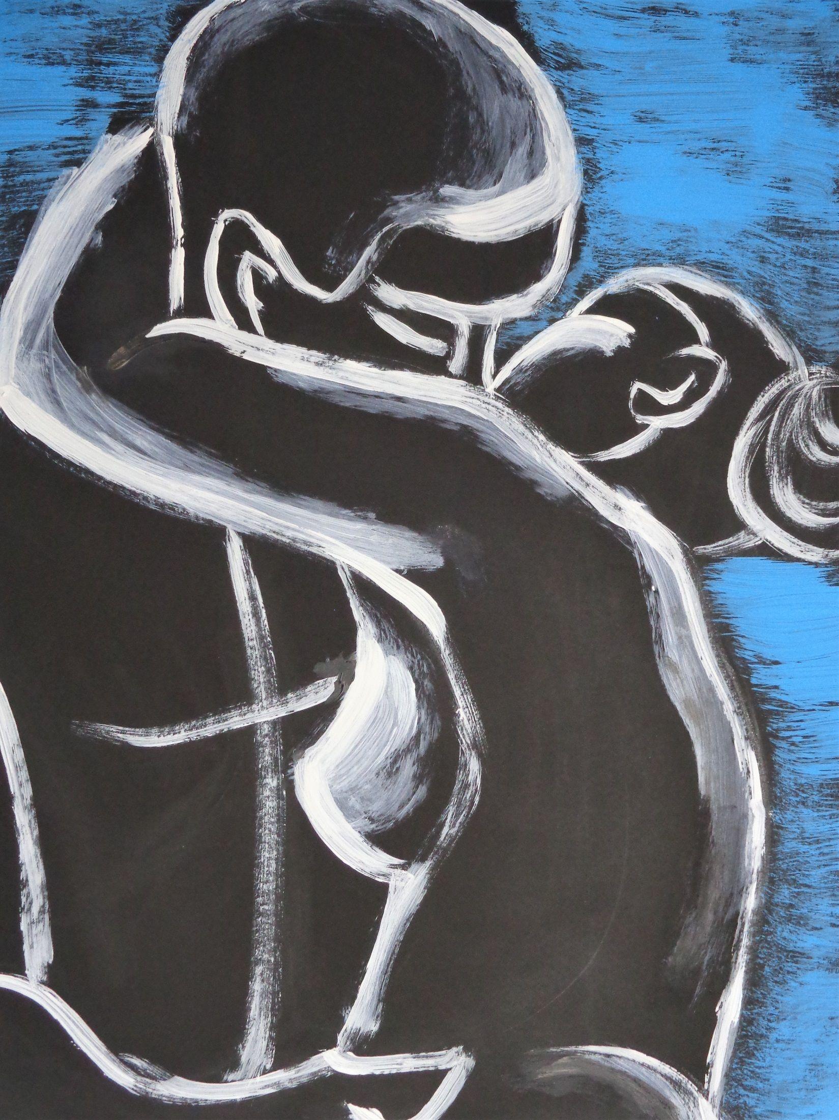 Original halb-abstraktes figuratives Gemälde auf schwarzem Karton, ungerahmt. Spontanes Kunstwerk aus blauen und weißen Acrylfarben. Emotionales und sinnliches Bild eines verliebten Paares in Umarmung, Teil einer neuen Serie. Größe 51 cm x 63 cm