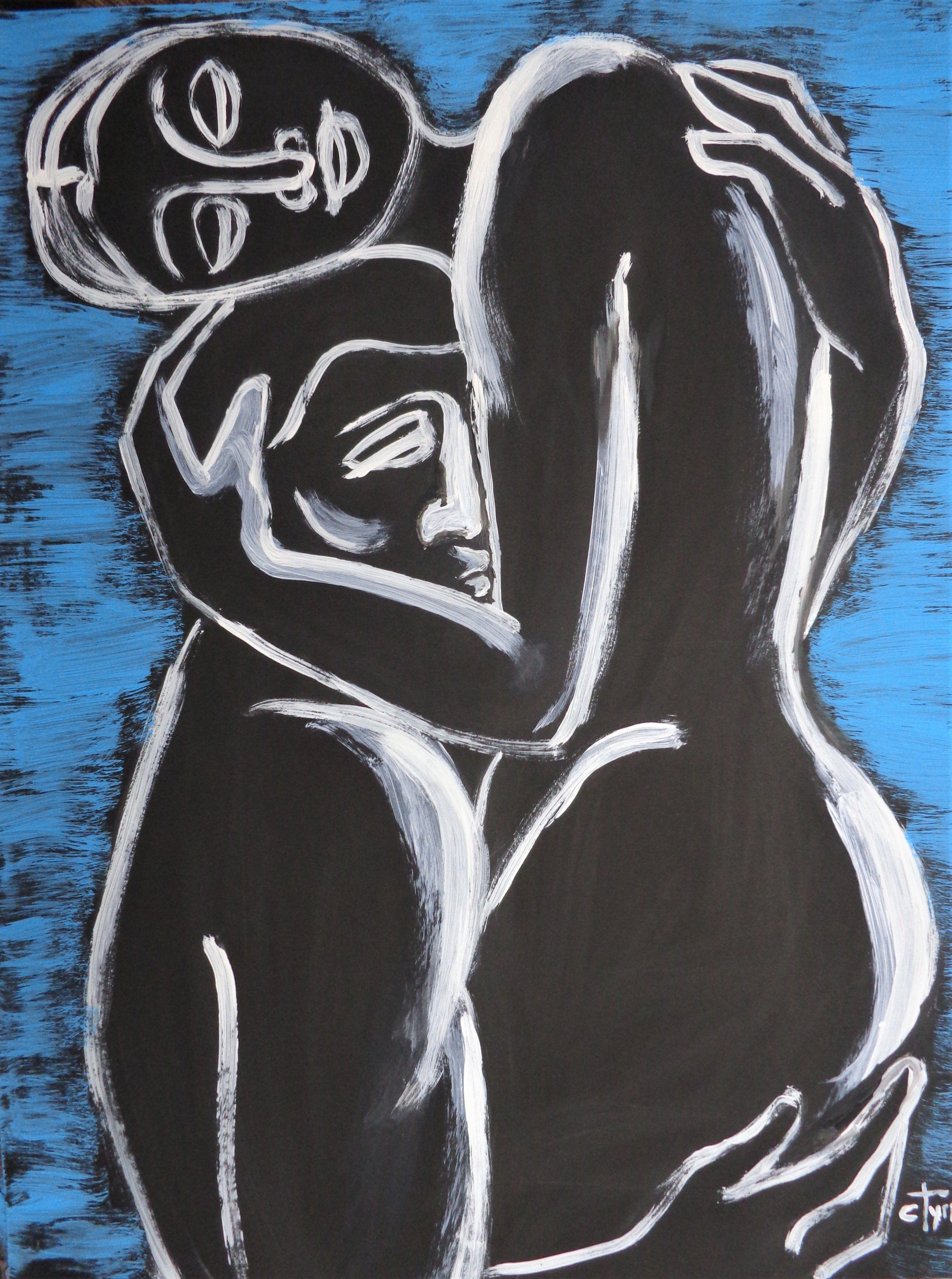 Original semi-abstract figurative painting on black cartridge, unframed. Spontaneous artwork made using blue and white acrylics. Emotional and sensual image of an embraced couple in love, part of a new series. Size 51 cm x 63 cm (20" x 25"). Quality