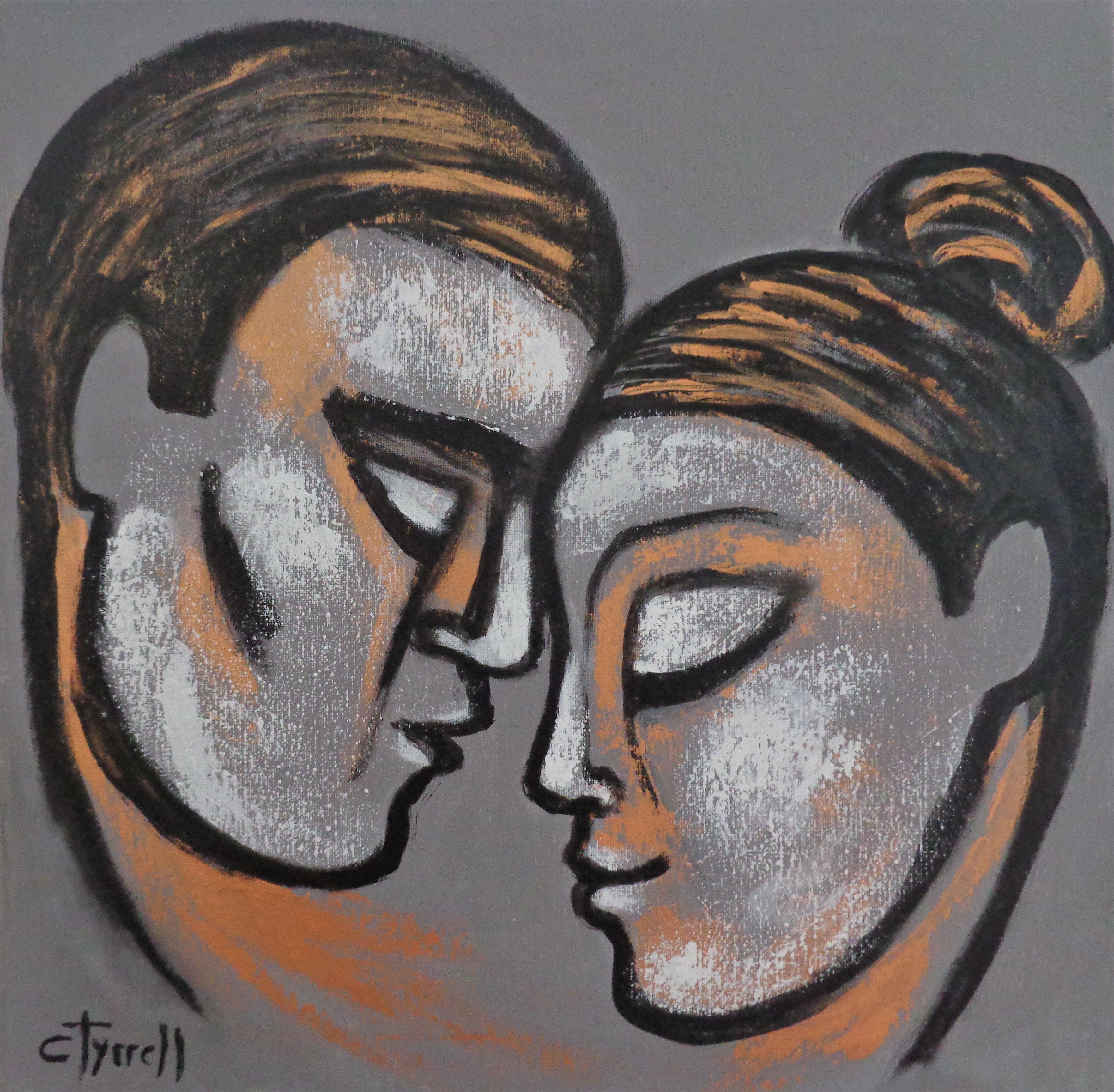Original contemporary figurative painting on square canvas, painted edges and ready to hang. Part of the series, showing emotional portrait of couples sharing their love and comfort. Made using grey, black, white and iridescent copper acrylics. Size