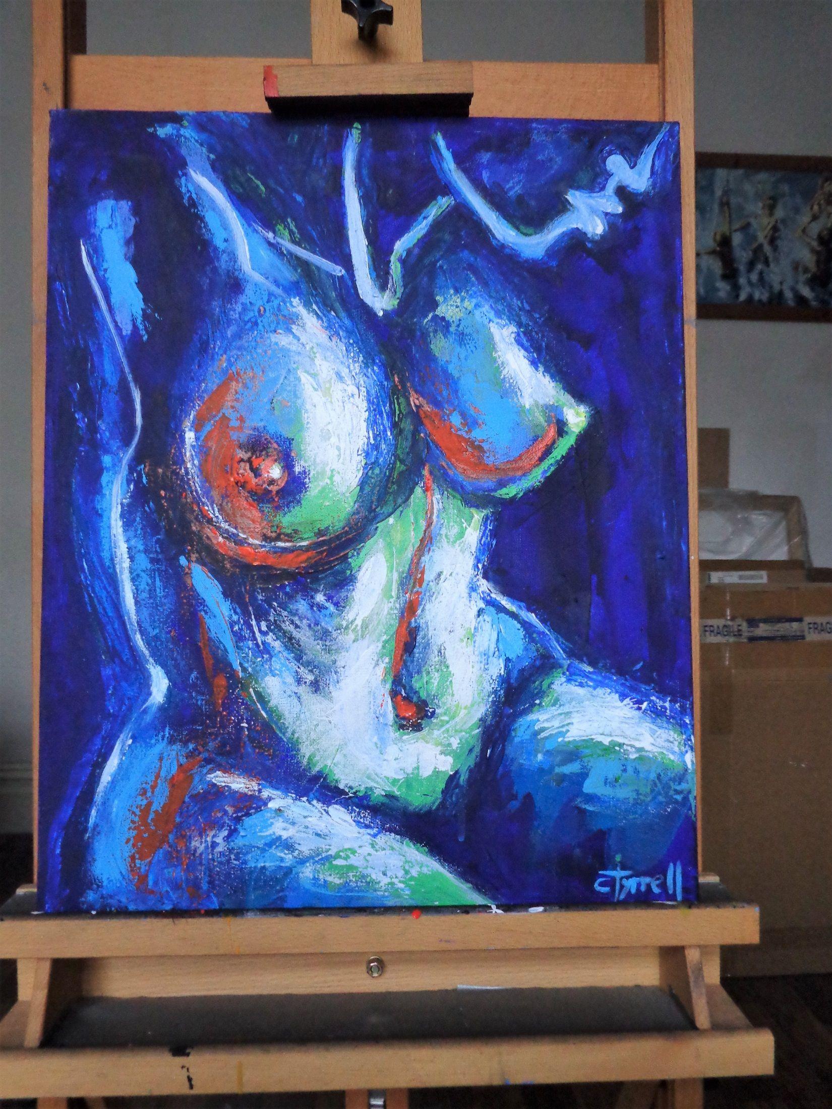 Original semi-abstract figurative acrylics painting on deep edge stretched canvas, painted edges and ready to hang. Colourful and textured using blue, lime green and red colours and the palette knife. Frontal image of seated female nude torso.  Size