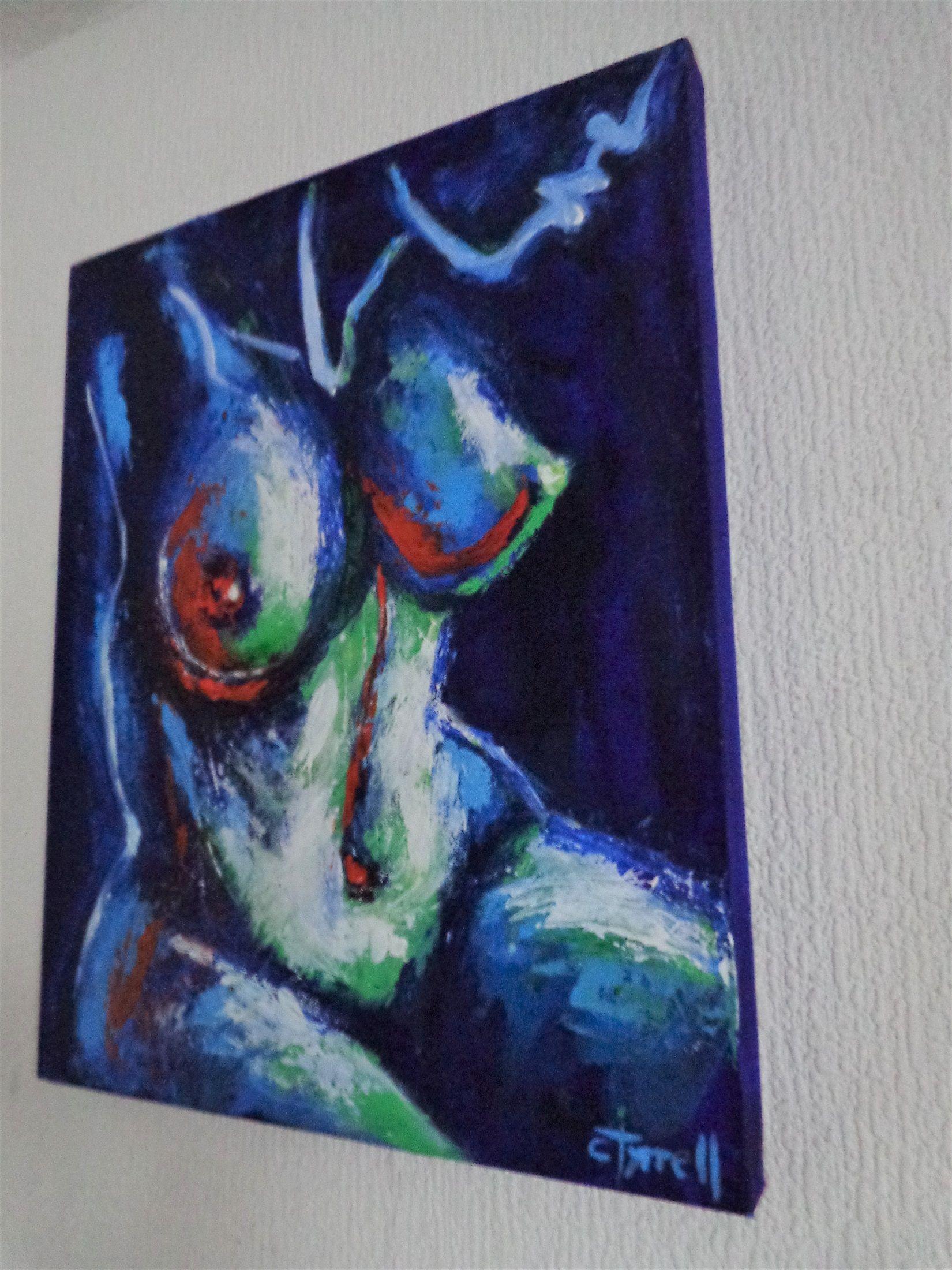 Original semi-abstract figurative acrylics painting on deep edge stretched canvas, painted edges and ready to hang. Colourful and textured using blue, lime green and red colours and the palette knife. Frontal image of seated female nude torso.  Size