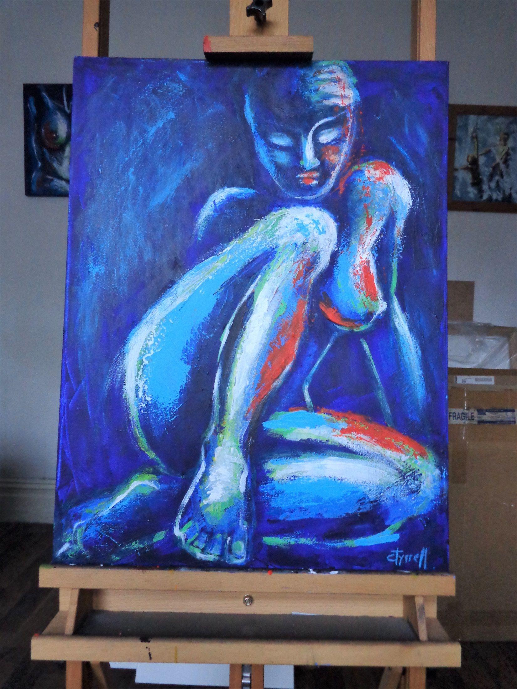 Original semi-abstract figurative acrylics painting on deep edge stretched canvas, painted edges and ready to hang. Colourful and textured using blue, lime green, red colours and the palette knife. Frontal image of seated female nude relaxing.  Size