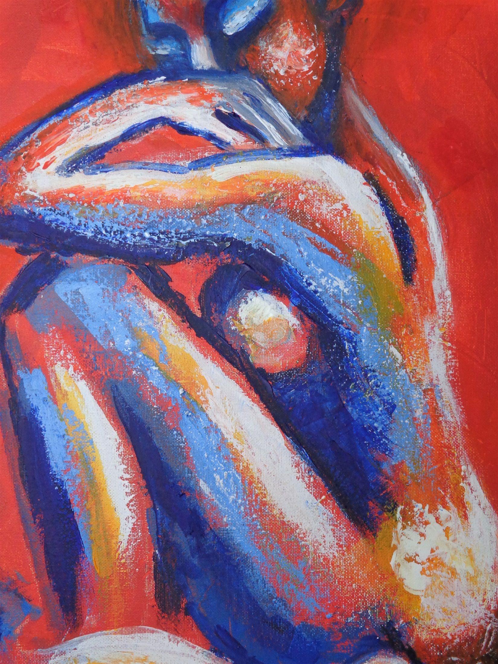 Original contemporary figurative acrylics painting on canvas, painted edges and ready to hang. Part of a new series of 3 nude figures, view of front, profile and back, with orange predominant colour. Colourful and textured semi-abstract painting