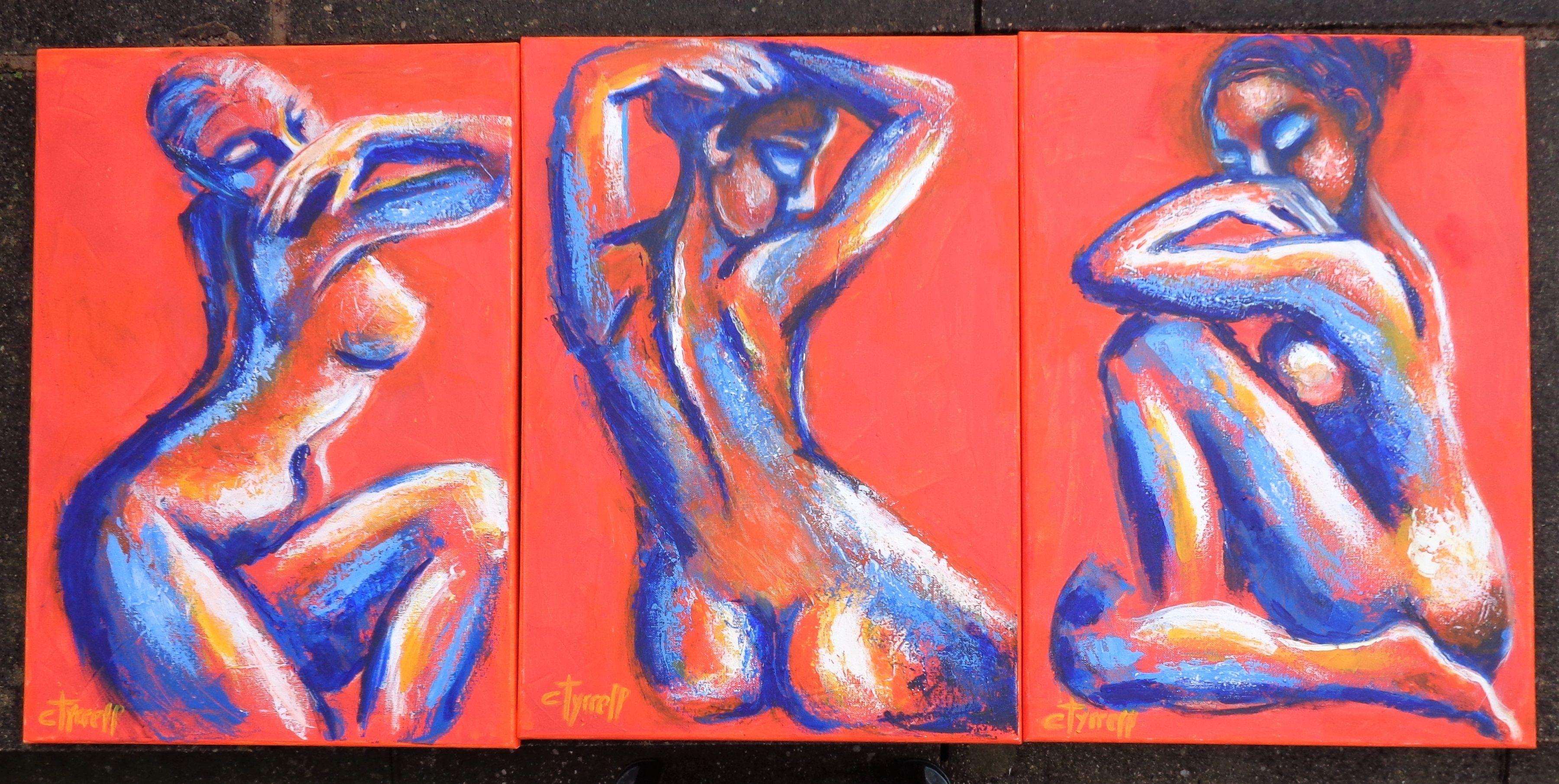 Peinture acrylique figurative contemporaine originale sur toile, bords peints et prête à être accrochée. Fait partie d'une nouvelle série de 3 personnages nus, vue de face, de profil et de dos, à dominante orange. Peinture semi-abstraite colorée et