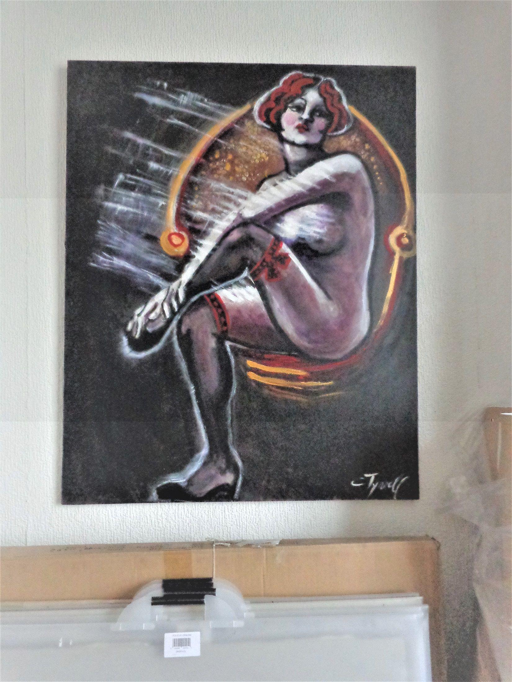 Quadro figurativo Art Deco contemporaneo originale su tela, bordi dipinti e pronto da appendere.  Si consiglia di utilizzare il telaio. Pittura multicolore a olio e acrilico con acrilico oro.  Immagine di una donna nuda romantica e sensuale in stile