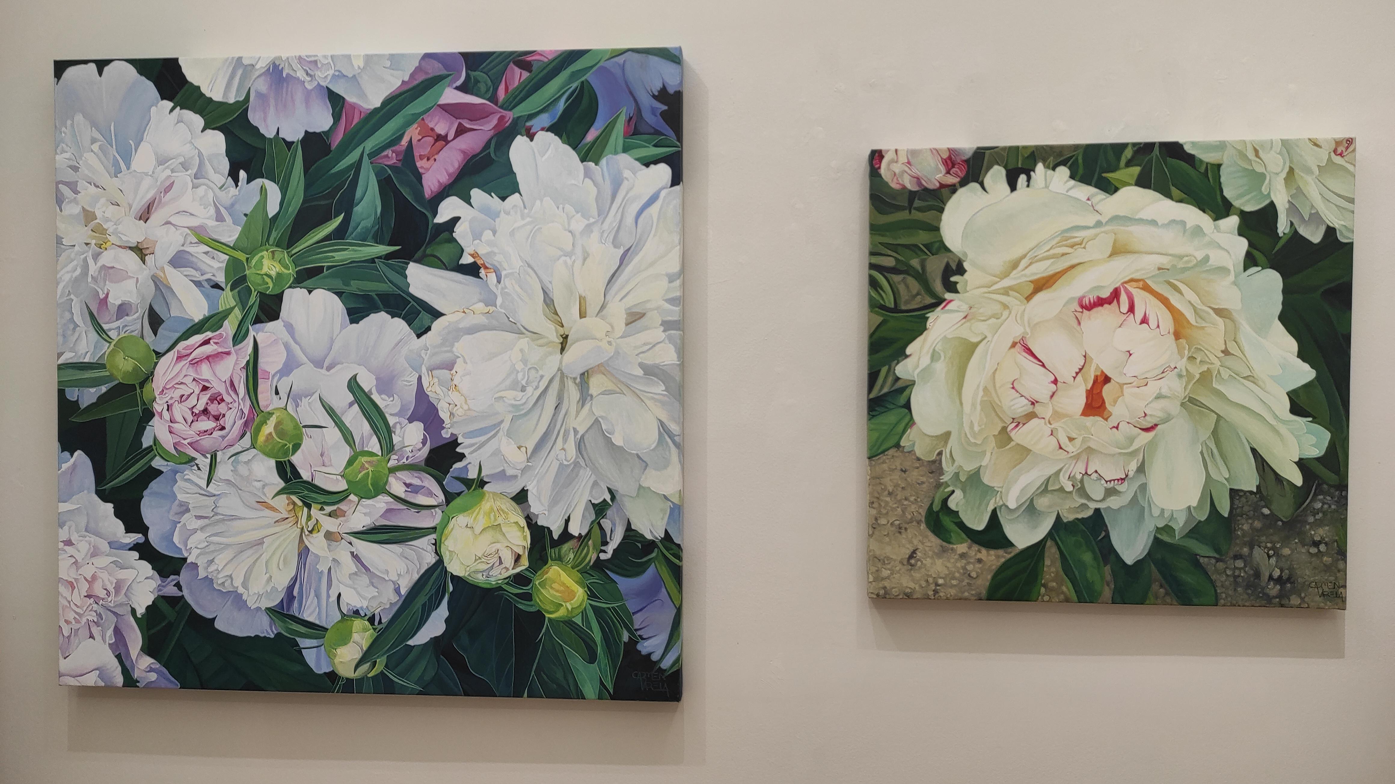 « Une pivoine », réalisme, figuratif, fleurs, couleurs pastel en vente 3