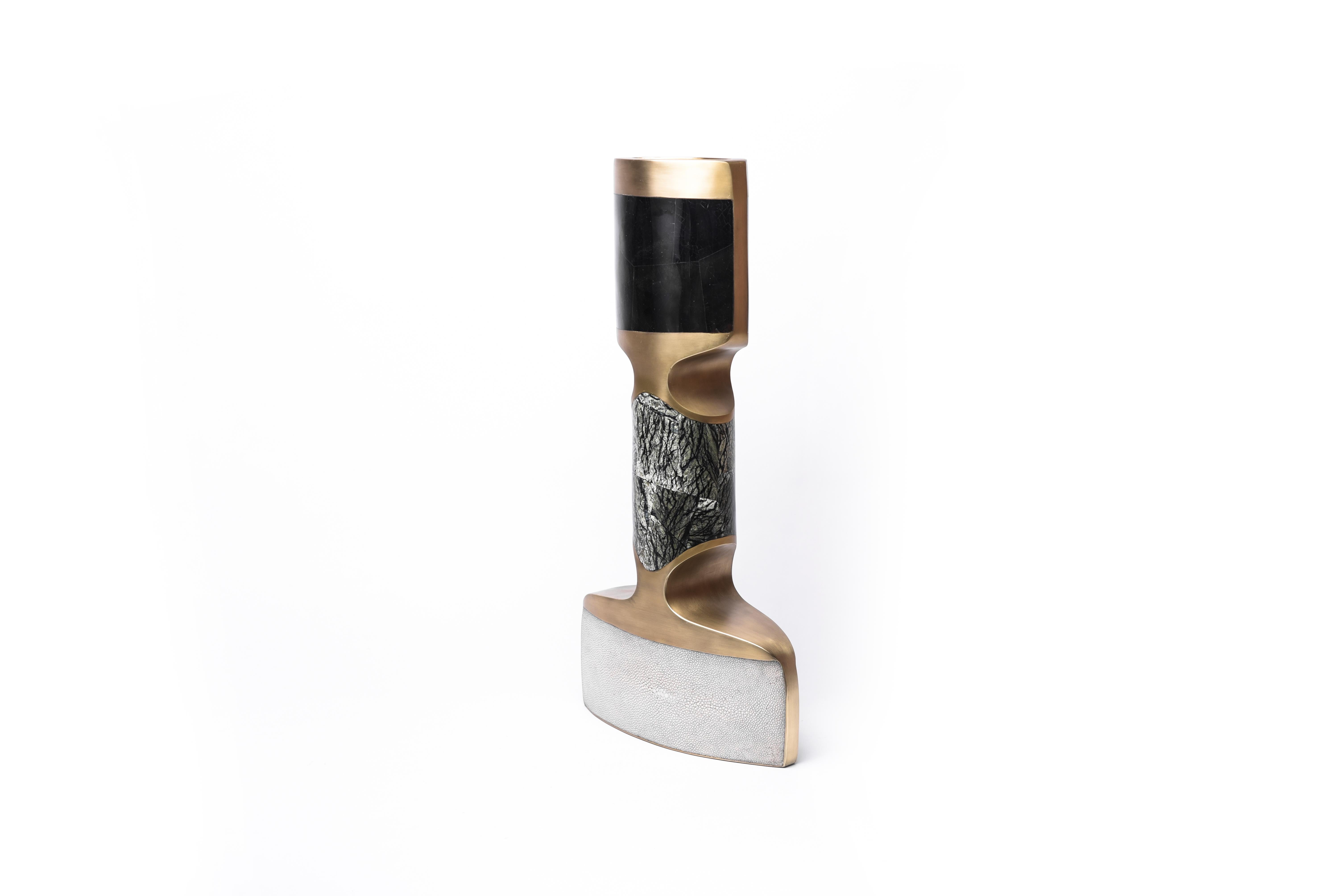 French Carmen Vase Large in Shagreen, Stone, Black Pen Shell and Brass by R&Y Augousti