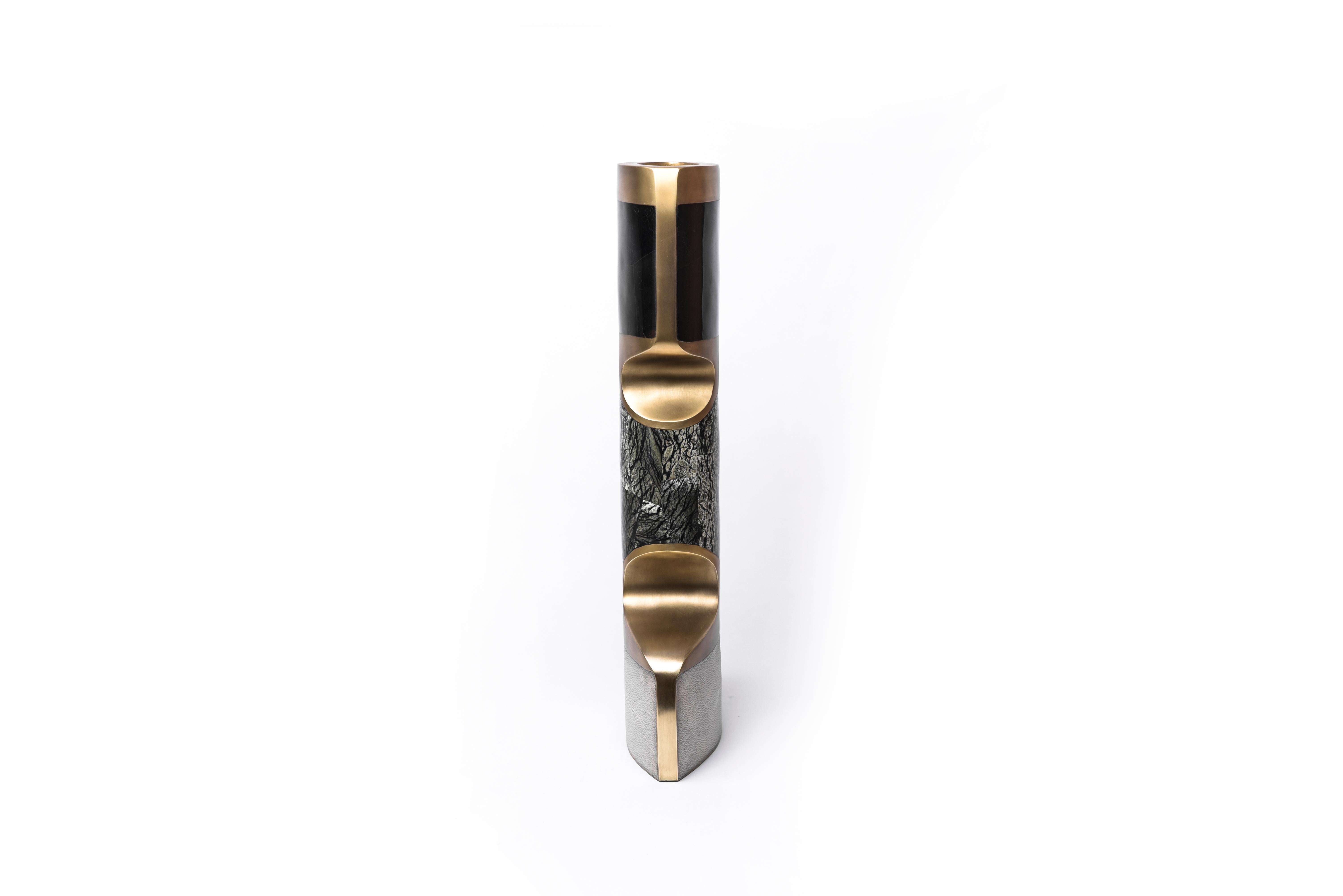 Hand-Crafted Carmen Vase Large in Shagreen, Stone, Black Pen Shell and Brass by R&Y Augousti