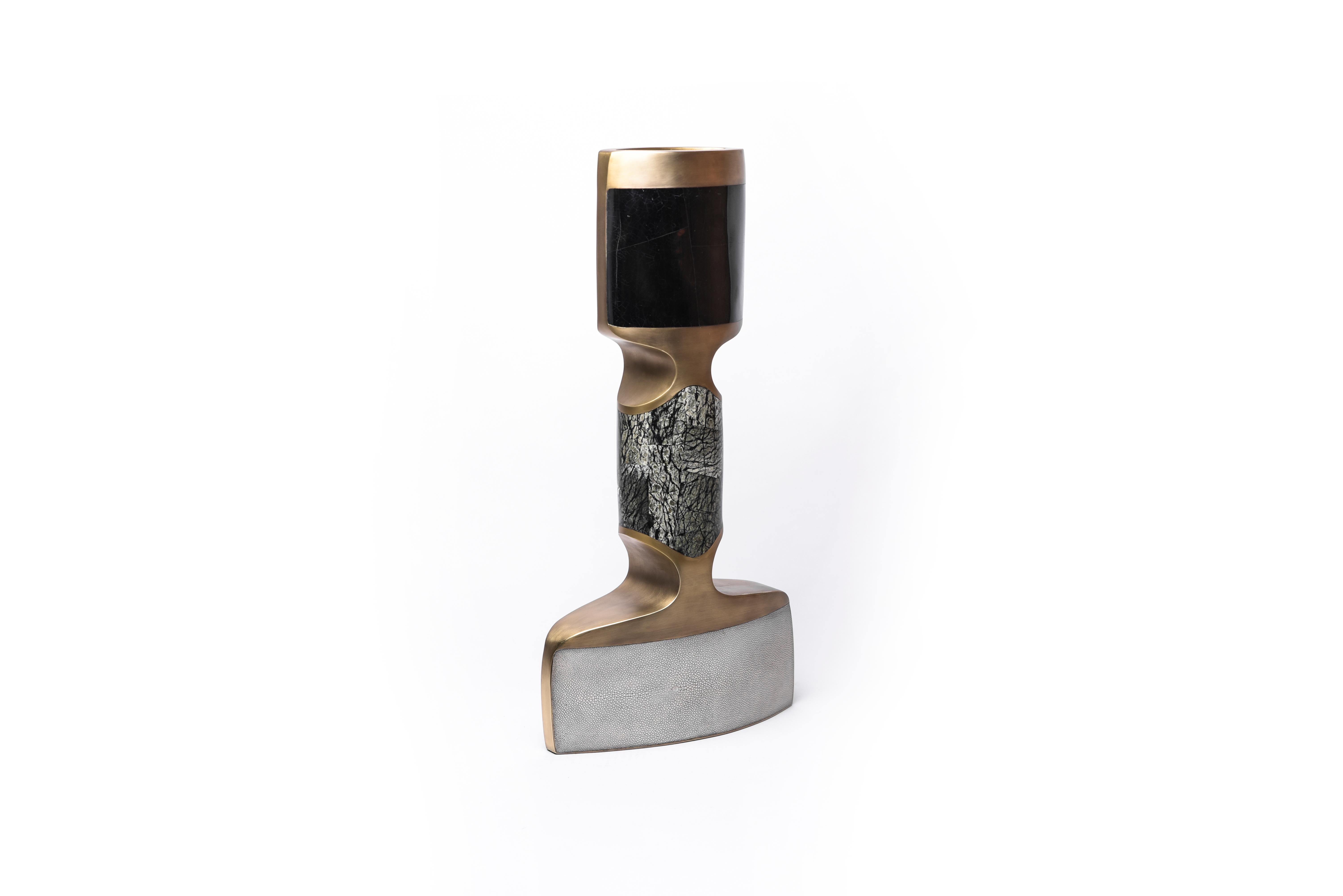 Inlay Carmen Vase Medium in Cream Shagreen & Bronze-Patina Brass by R&Y Augousti For Sale