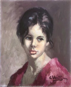 Vintage Young girl portrait oil on canvas painting