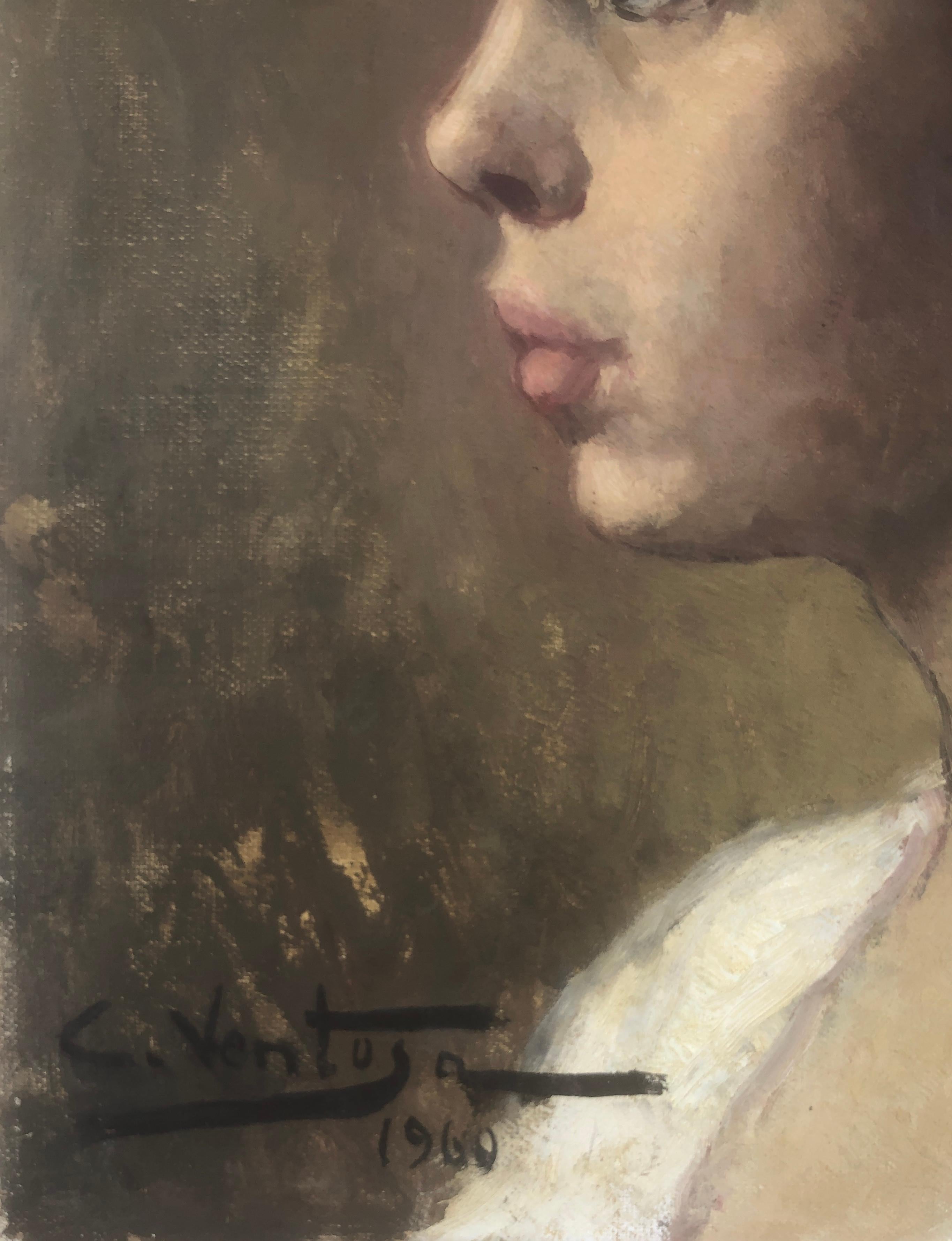 Retrato de mujer joven de perfil óleo sobre lienzo - Painting de Carmen Ventosa