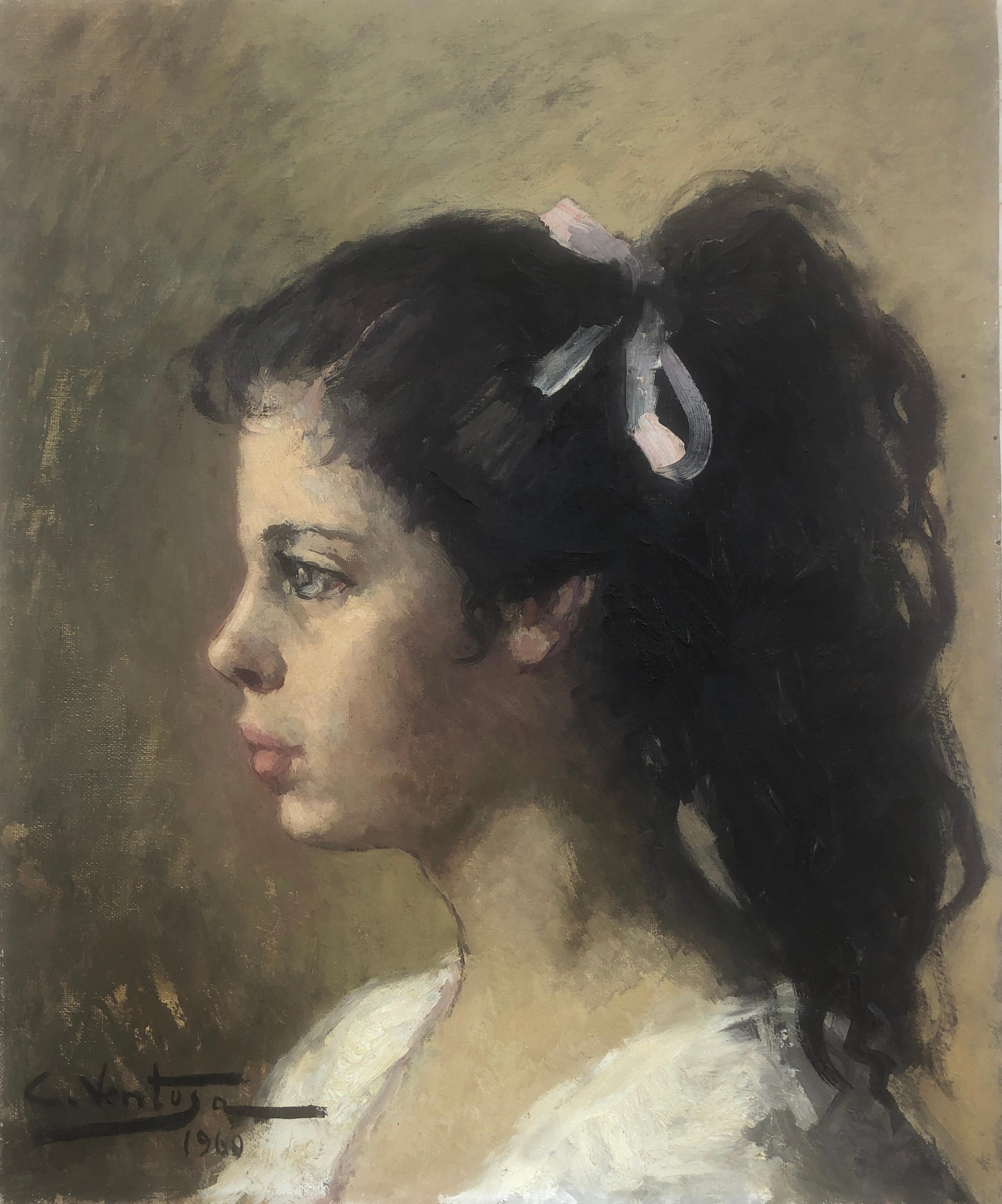 Portrait Painting de Carmen Ventosa - Retrato de mujer joven de perfil óleo sobre lienzo