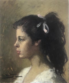 Young woman in profile portrait oil on canvas painting