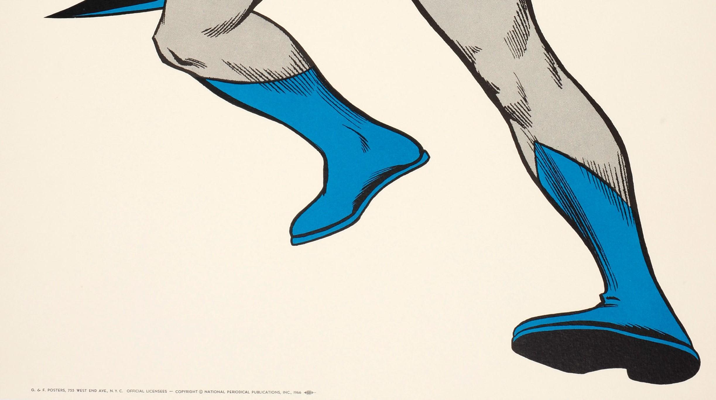 Original Vintage Batman Cartoon-Poster mit einer bunten Illustration des Comic-Superhelden trägt seine grauen und blauen Kostüm, Maske und Umhang mit dem Fledermaus-Logo auf einem gelben Hintergrund auf der Brust, die Comic-Figur lehnt sich zurück,