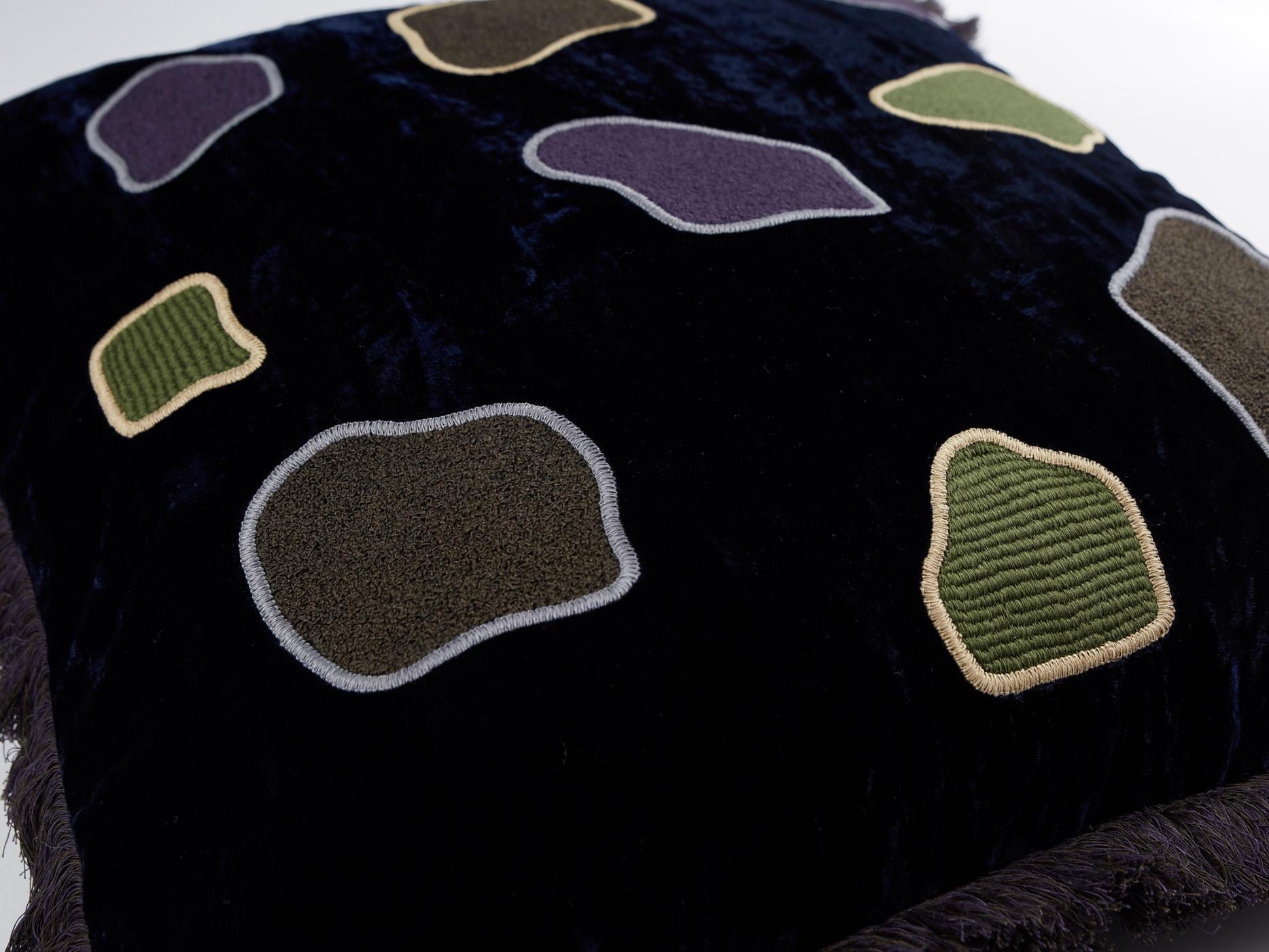 Silk velvet cushion in a deep navy color. The stunning pattern is entirely embroidered by hand, as is the grass border.
The cushion comes with a filler (duck feathers) and size is 50 x 50 cm.