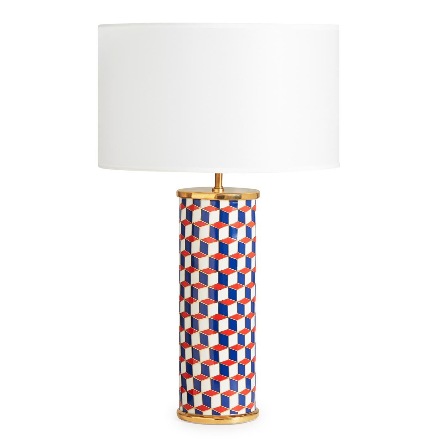 Graphic Pop. A Classic cubes pattern in black and grey or navy and red with gold accents for a spot of sparkle. Our porcelain and polished brass Carnaby Lamp combines a dash of Downtown with a touch of uptown élan. A graphic addition to any