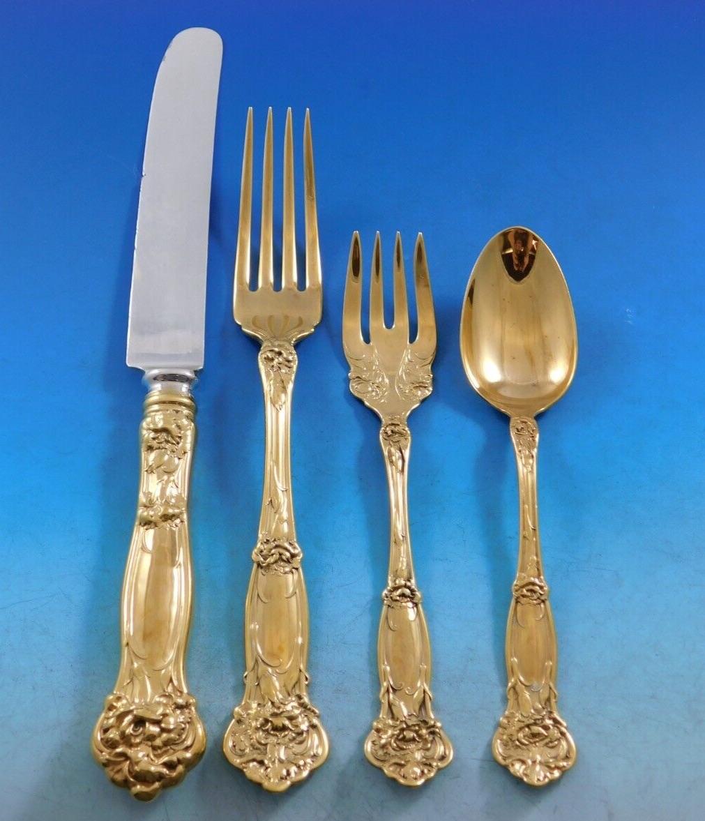 20th Century Carnation Gold by Wallace Sterling Silver Flatware Service 12 Set Dinner 60 pcs For Sale