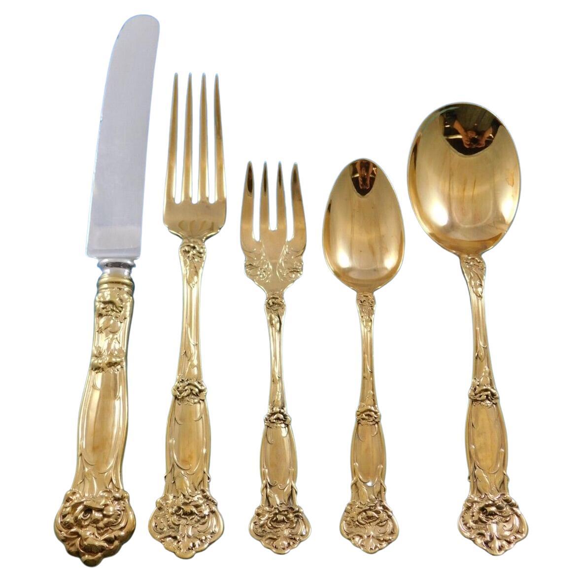 Carnation Gold by Wallace Sterling Silver Flatware Service 12 Set Dinner 60 pcs For Sale