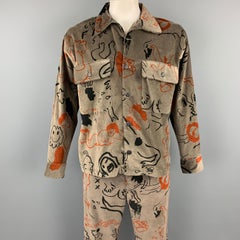 CARNE BOLLENTE Size L Taupe & Black Orange Graphic Cotton Velvet Suit