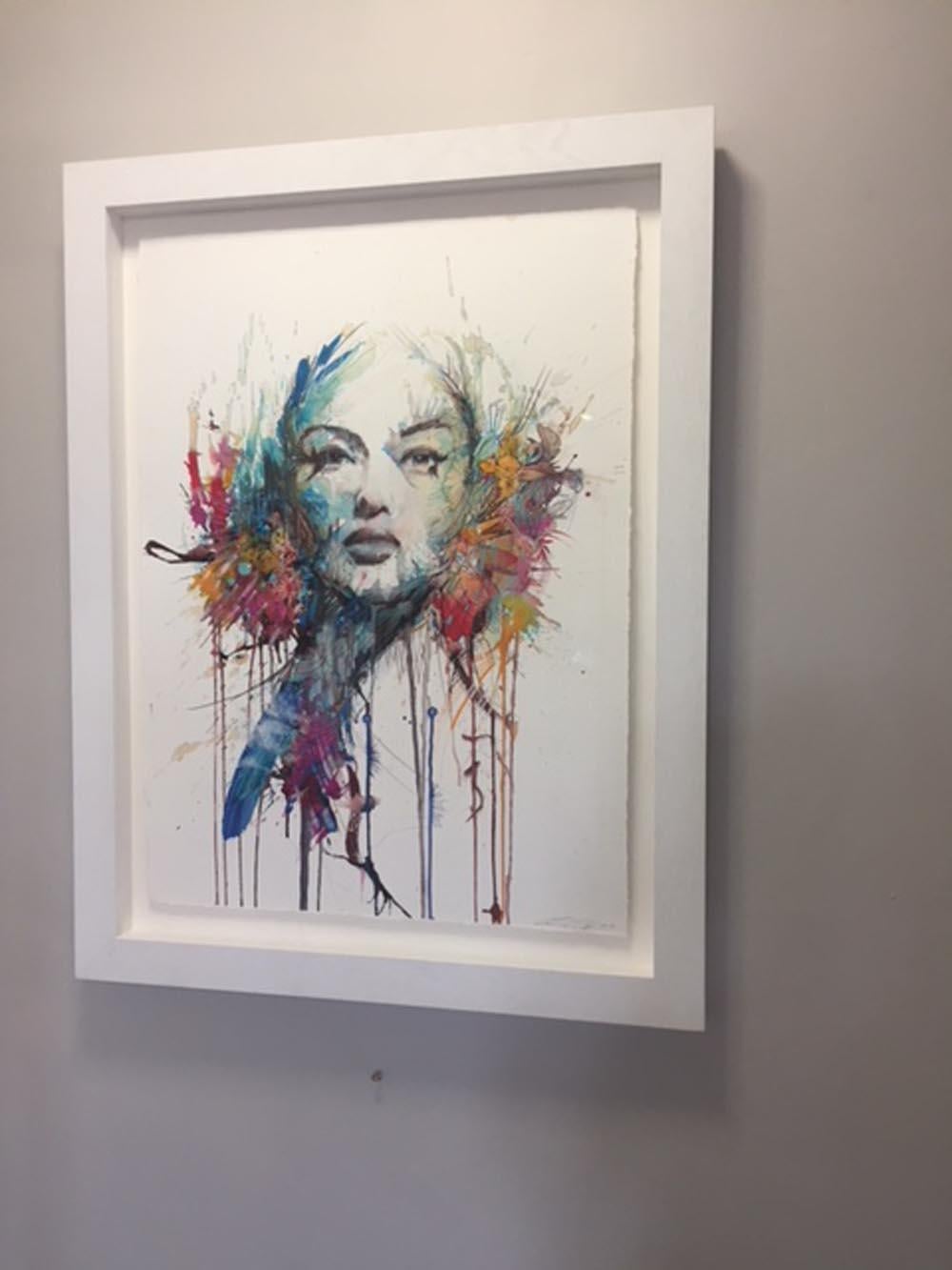 The Butterfly Effect - Original Painting on paper - Gray Portrait Painting by Carne Griffiths