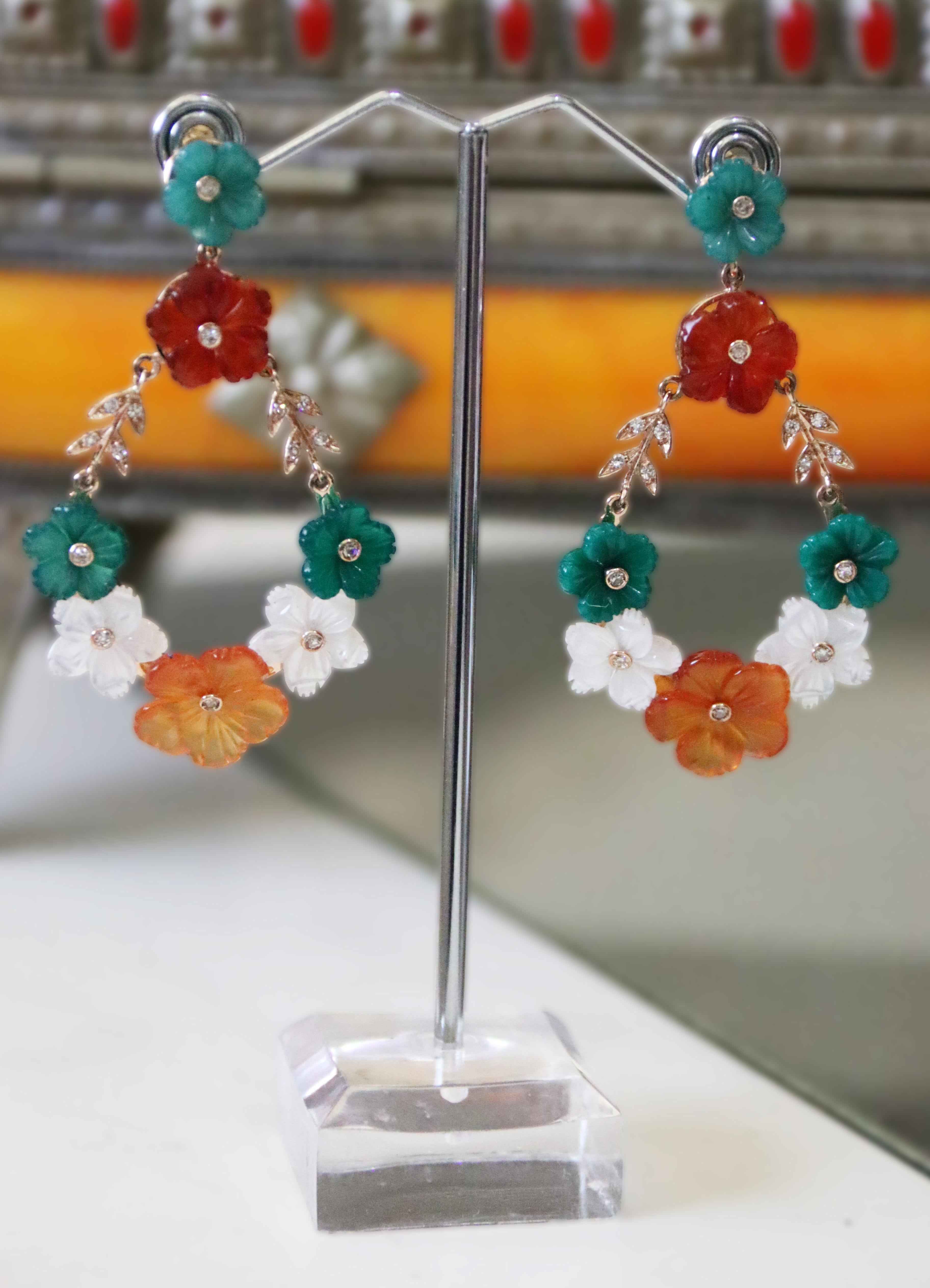 Carnelian Agate Diamonds Citrine 18 Karat Yellow Gold Flowers Drop Earrings For Sale 3