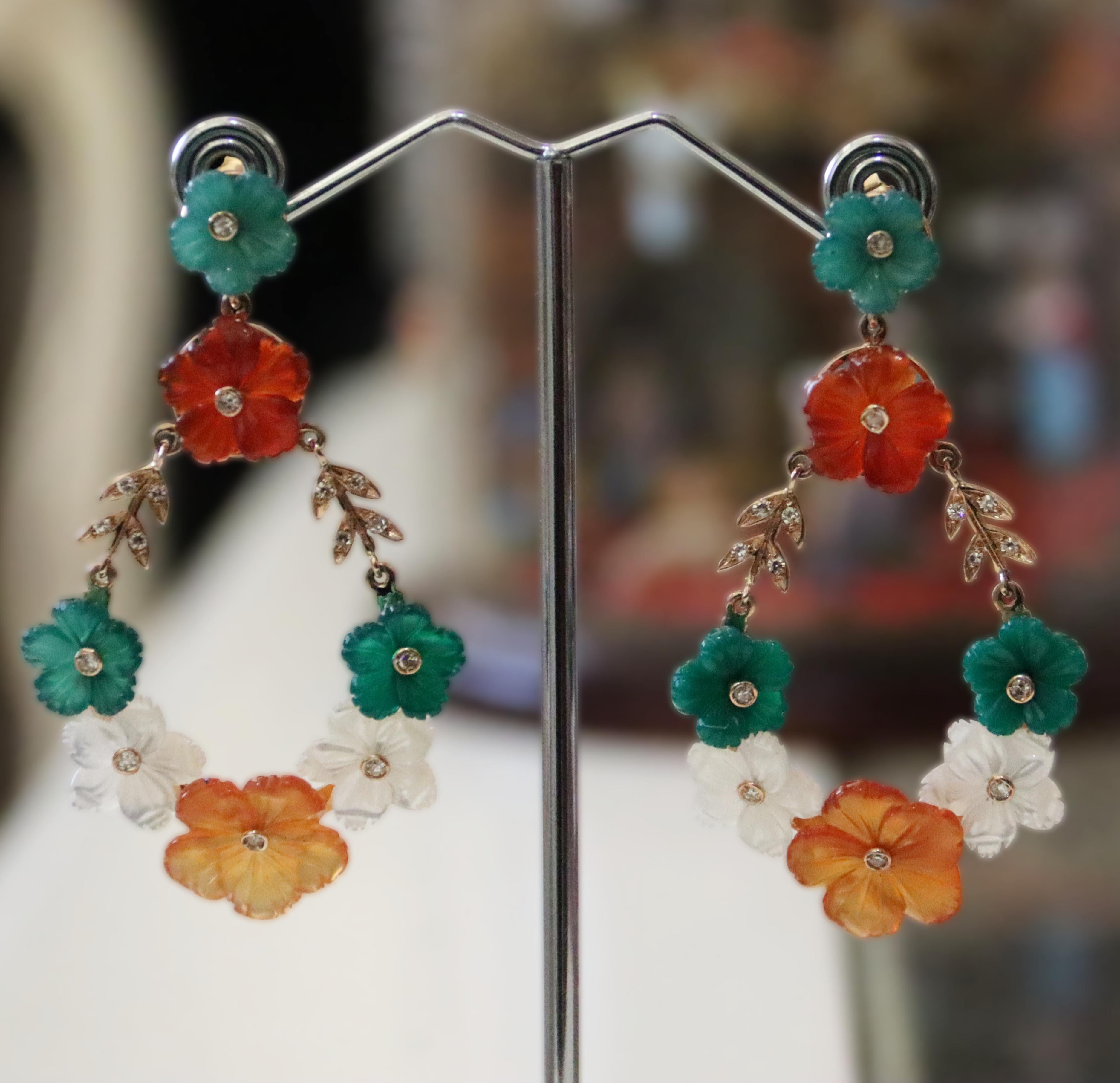 Carnelian Agate Diamonds Citrine 18 Karat Yellow Gold Flowers Drop Earrings For Sale 2