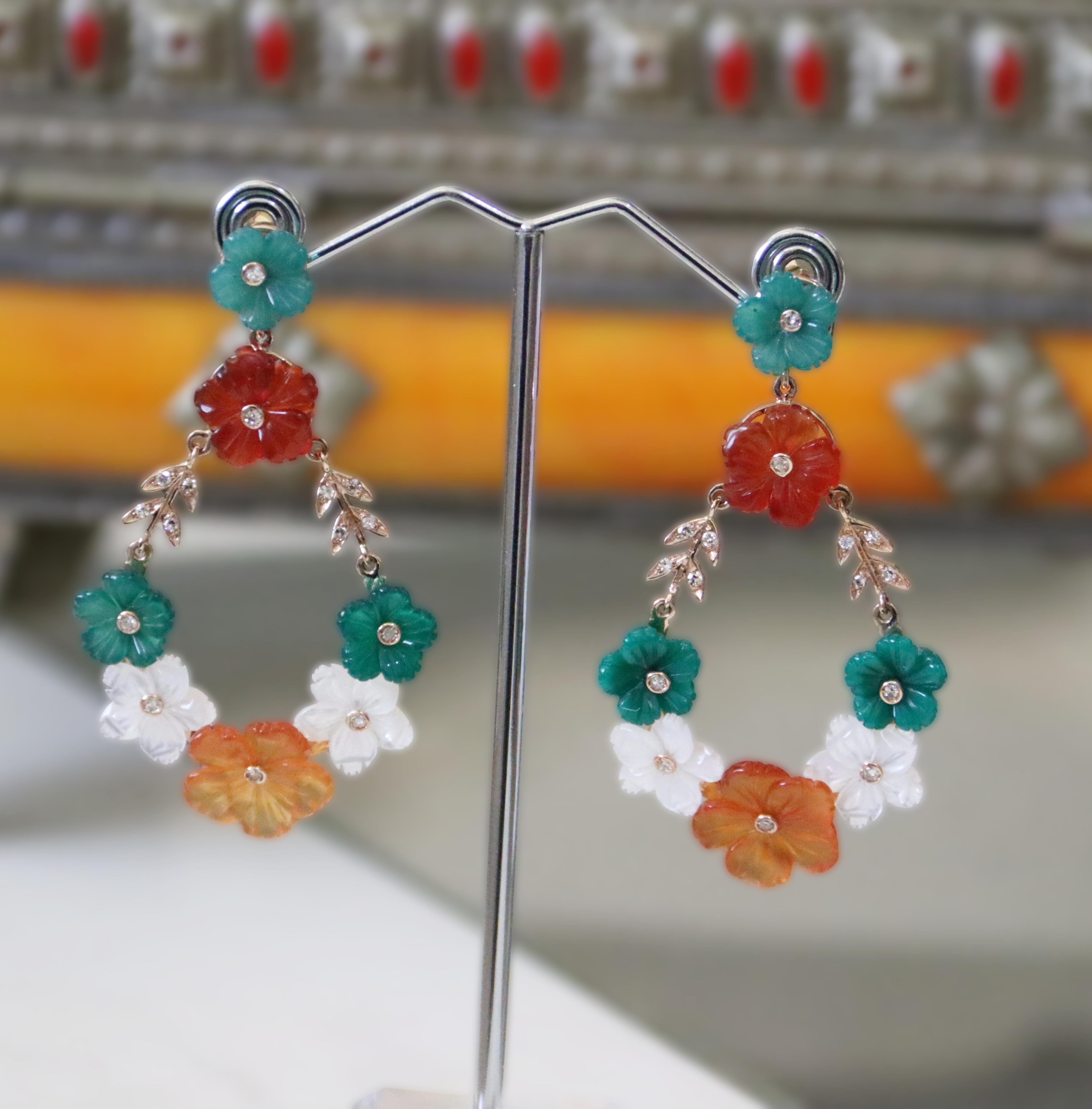 Carnelian Agate Diamonds Citrine 18 Karat Yellow Gold Flowers Drop Earrings For Sale 4