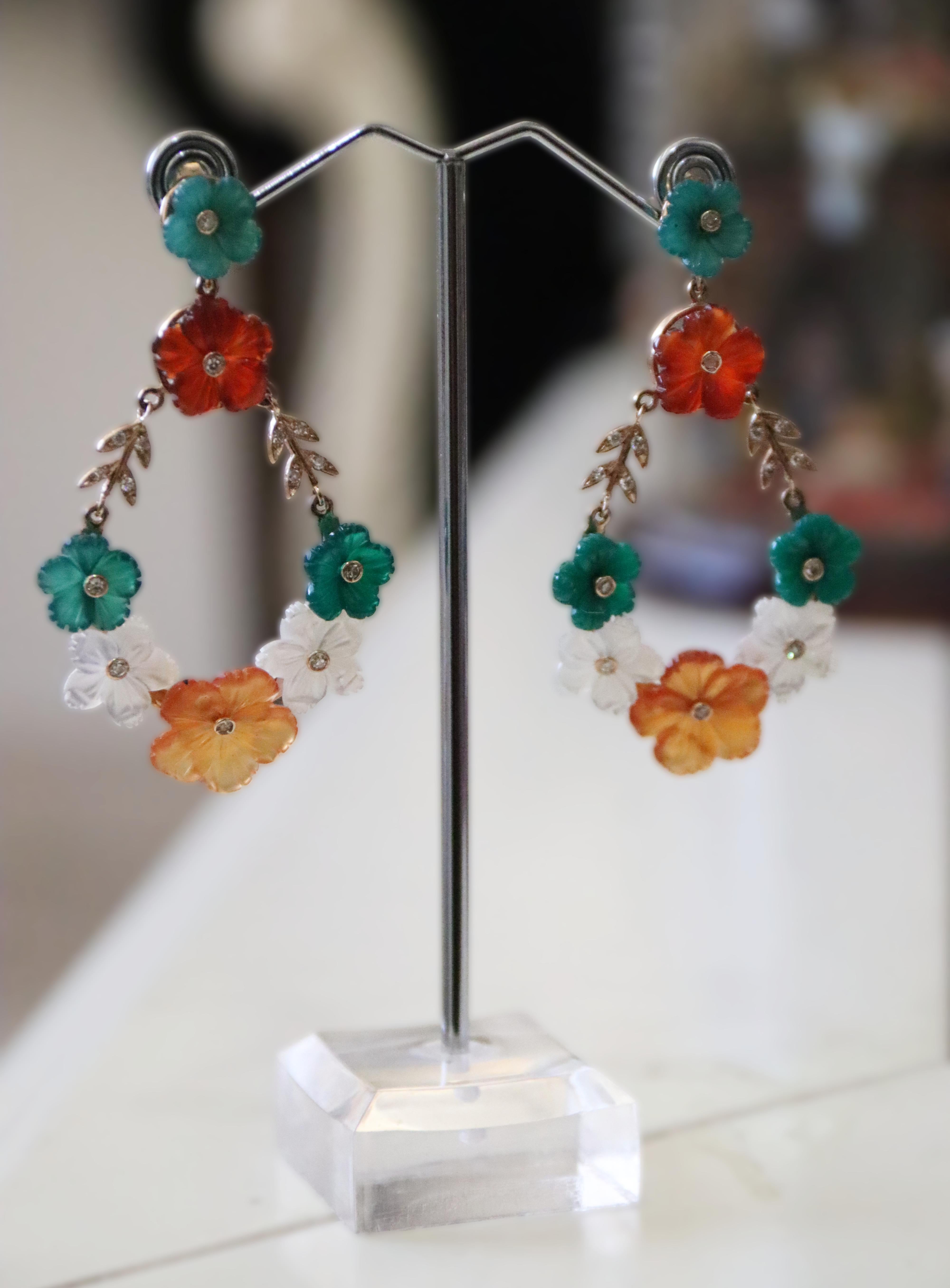 Carnelian Agate Diamonds Citrine 18 Karat Yellow Gold Flowers Drop Earrings For Sale 5