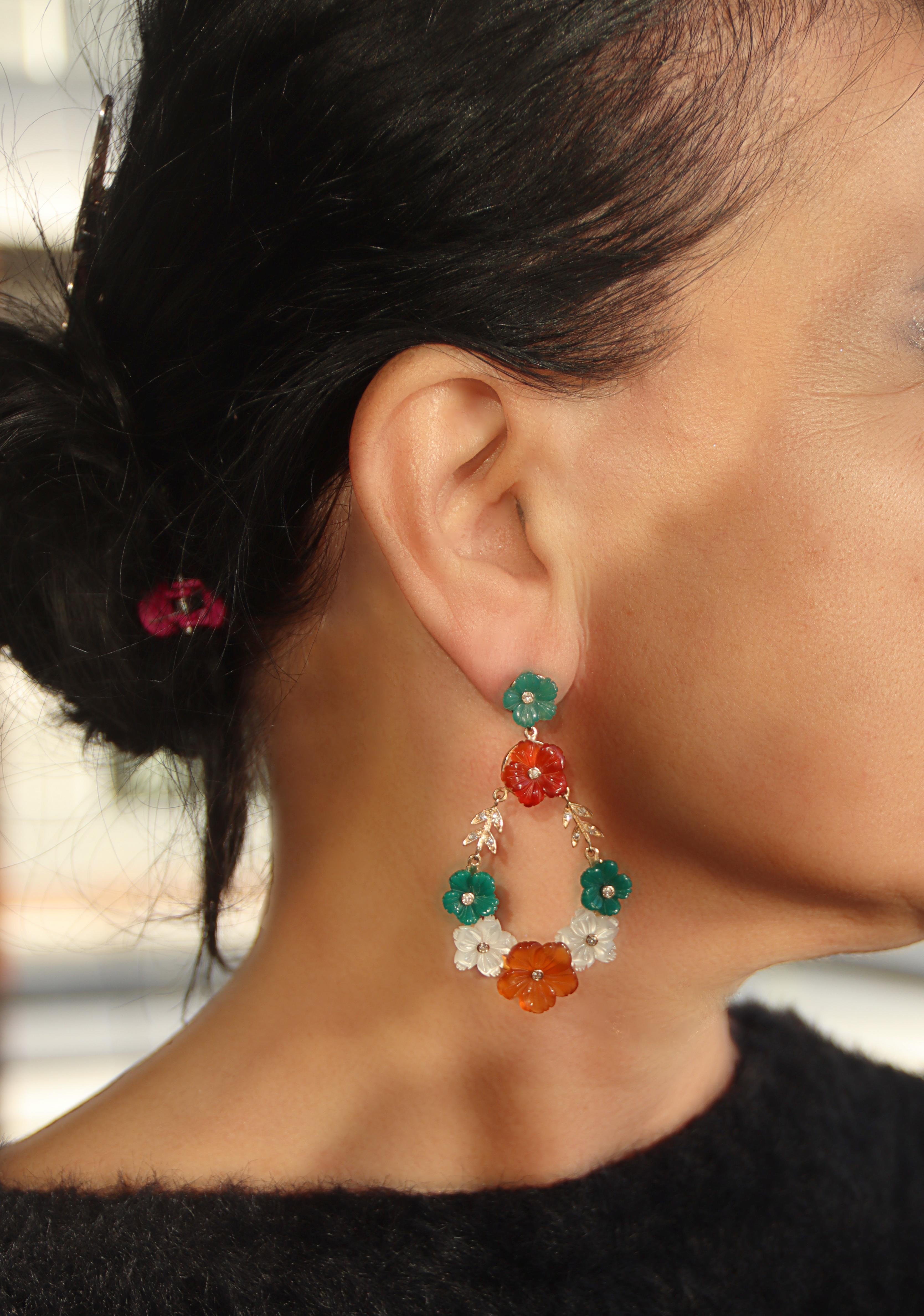 Carnelian Agate Diamonds Citrine 18 Karat Yellow Gold Flowers Drop Earrings For Sale 7