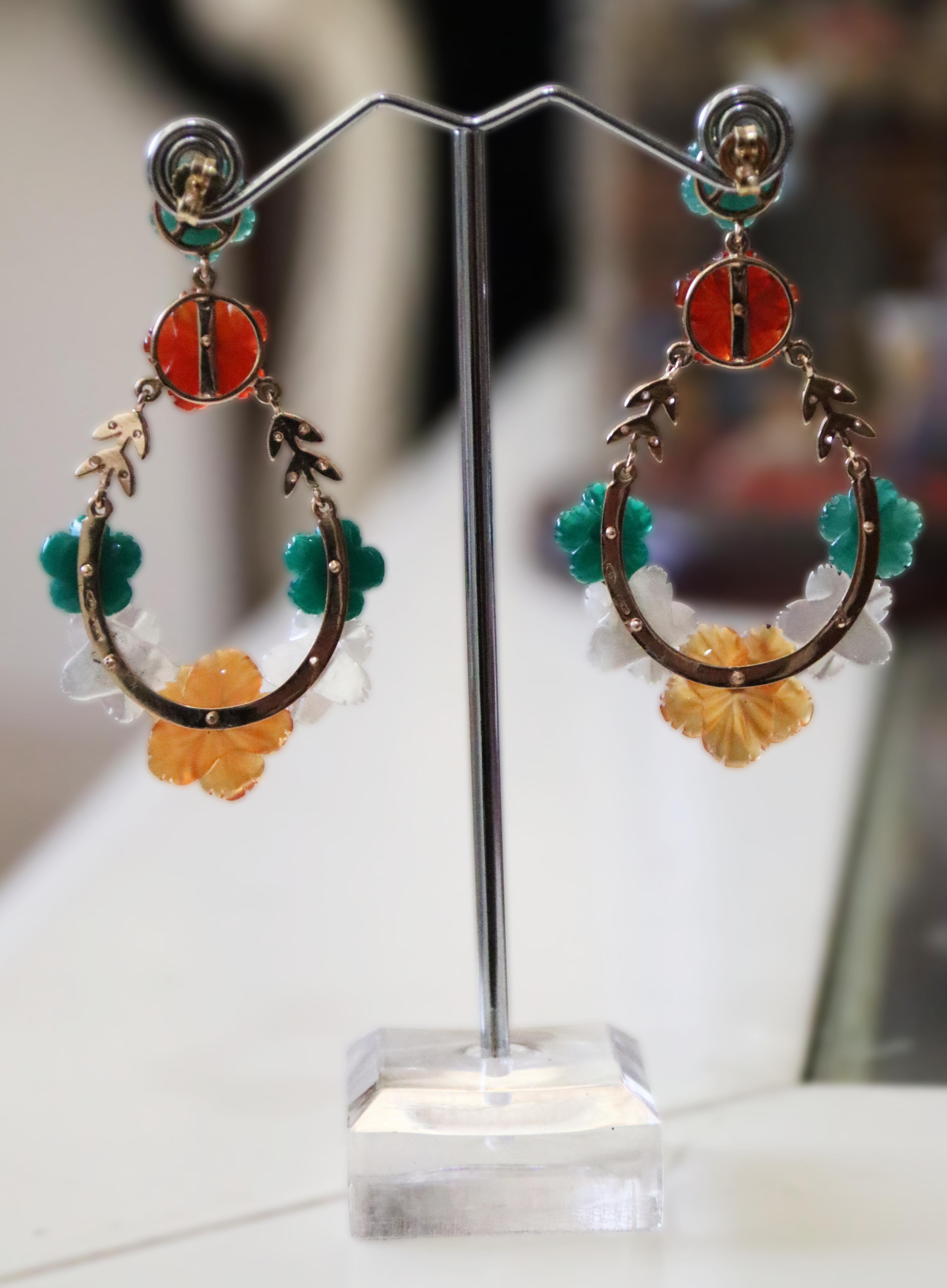 Carnelian Agate Diamonds Citrine 18 Karat Yellow Gold Flowers Drop Earrings For Sale 6