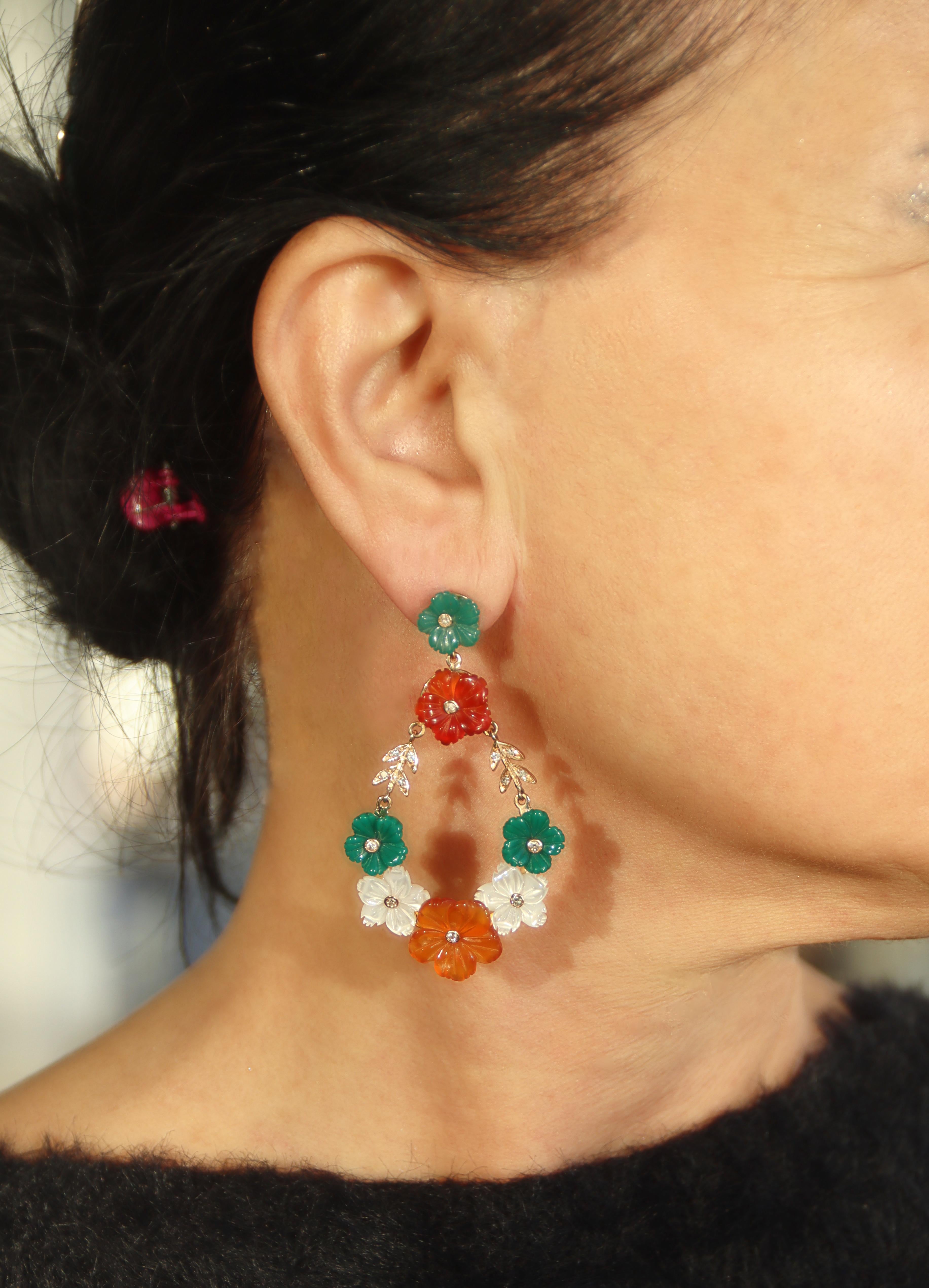 Carnelian Agate Diamonds Citrine 18 Karat Yellow Gold Flowers Drop Earrings For Sale 8