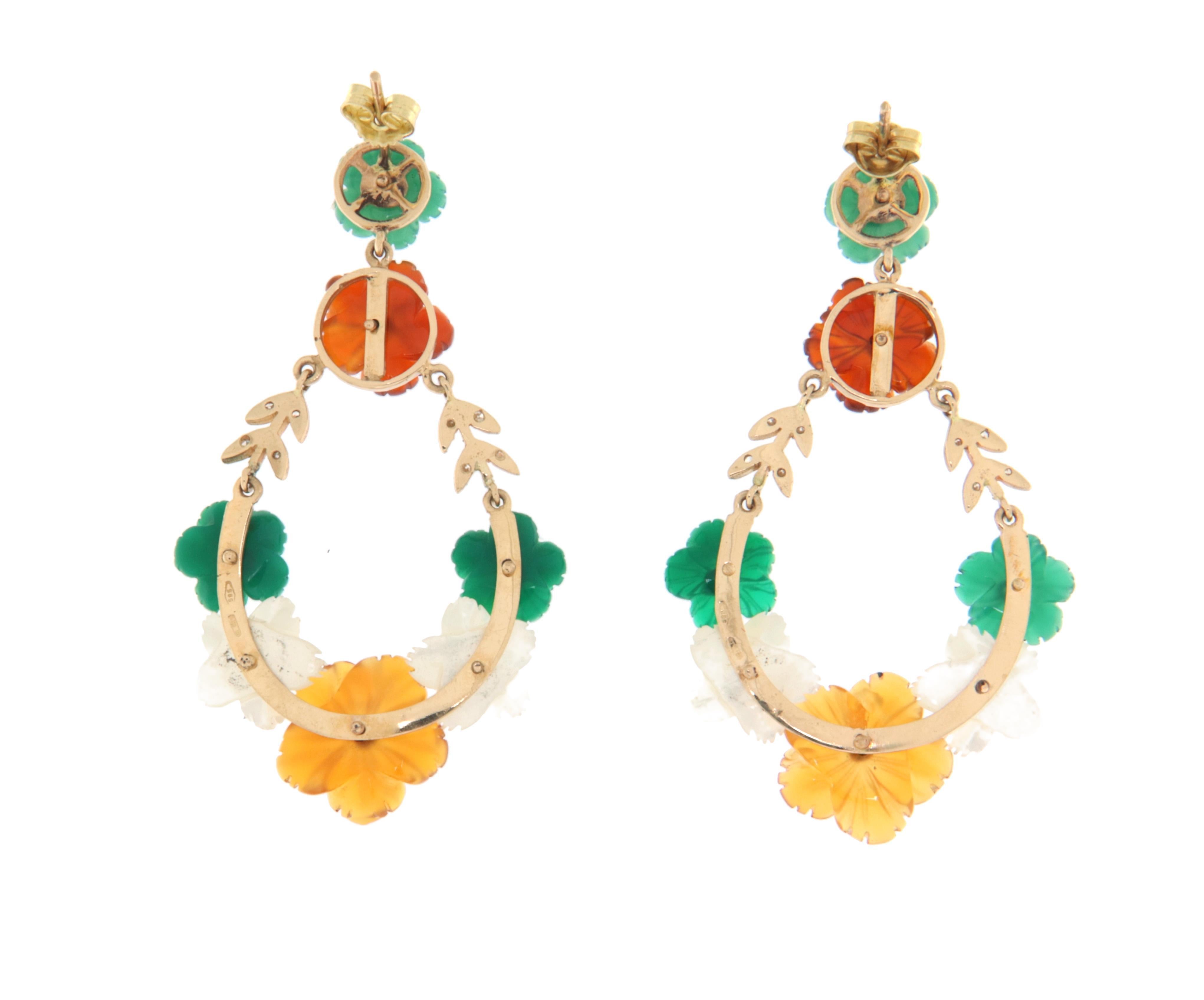 Carnelian Agate Diamonds Citrine 18 Karat Yellow Gold Flowers Drop Earrings In New Condition For Sale In Marcianise, IT