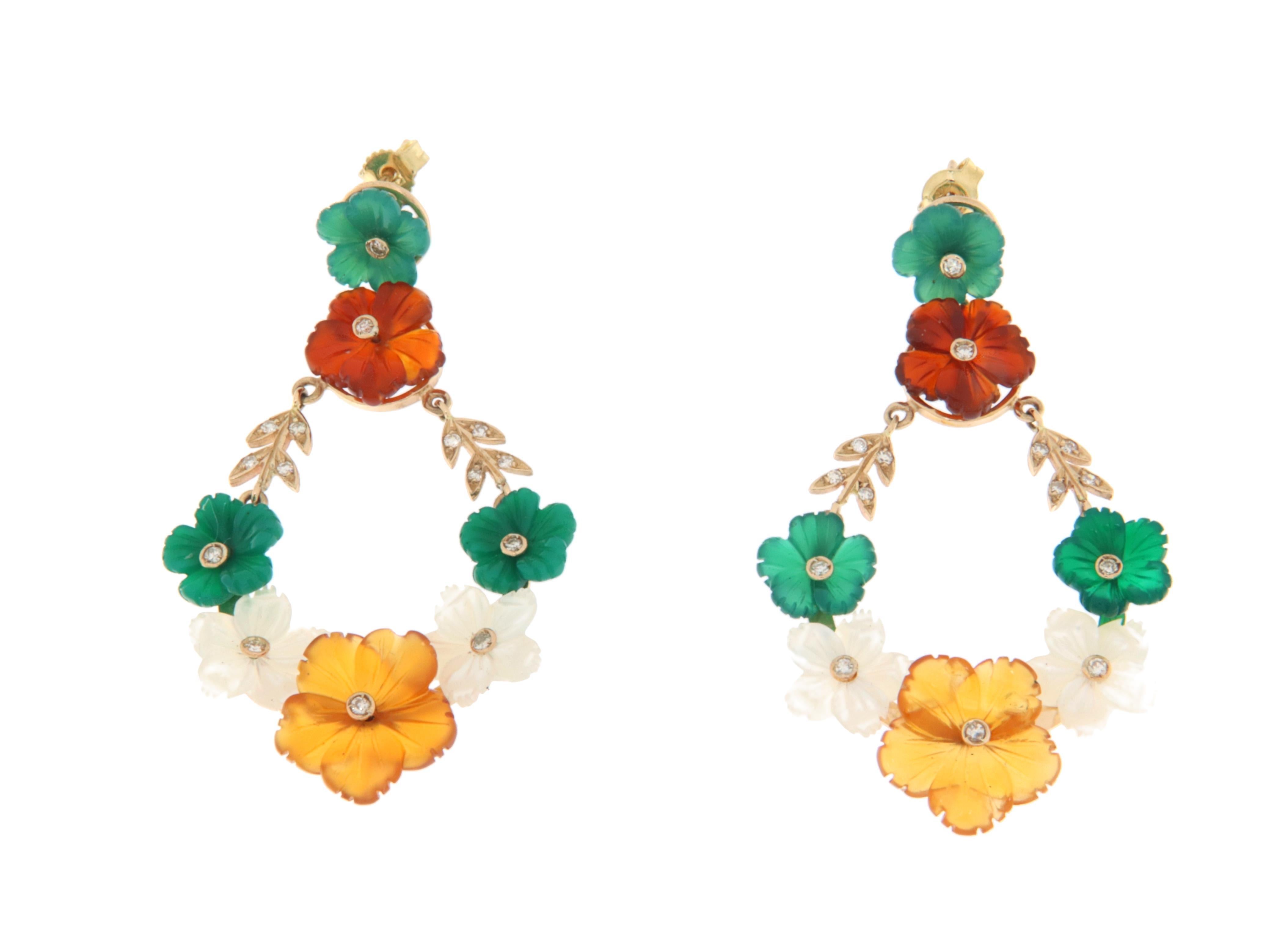 Women's Carnelian Agate Diamonds Citrine 18 Karat Yellow Gold Flowers Drop Earrings For Sale