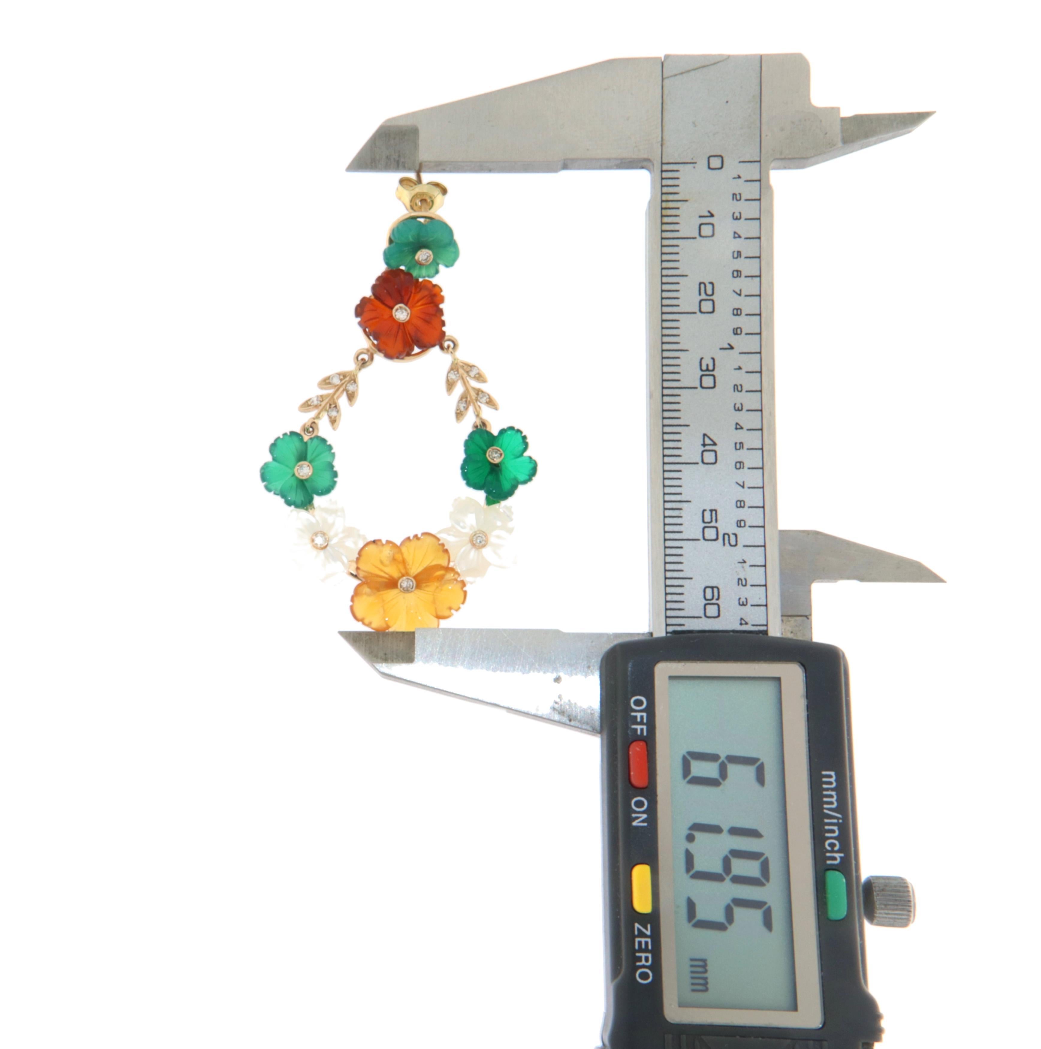 Carnelian Agate Diamonds Citrine 18 Karat Yellow Gold Flowers Drop Earrings For Sale 1