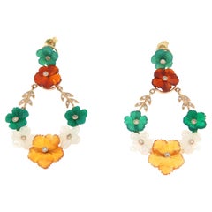 Cornalina Ágata Diamantes Citrino Oro Amarillo 18 Kilates Pendientes Caída Flores