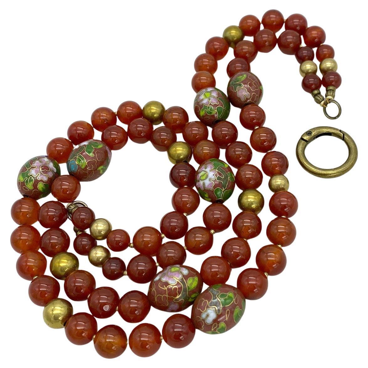 Artigiano Collana a doppio filo in corniola e cloisonne in vendita
