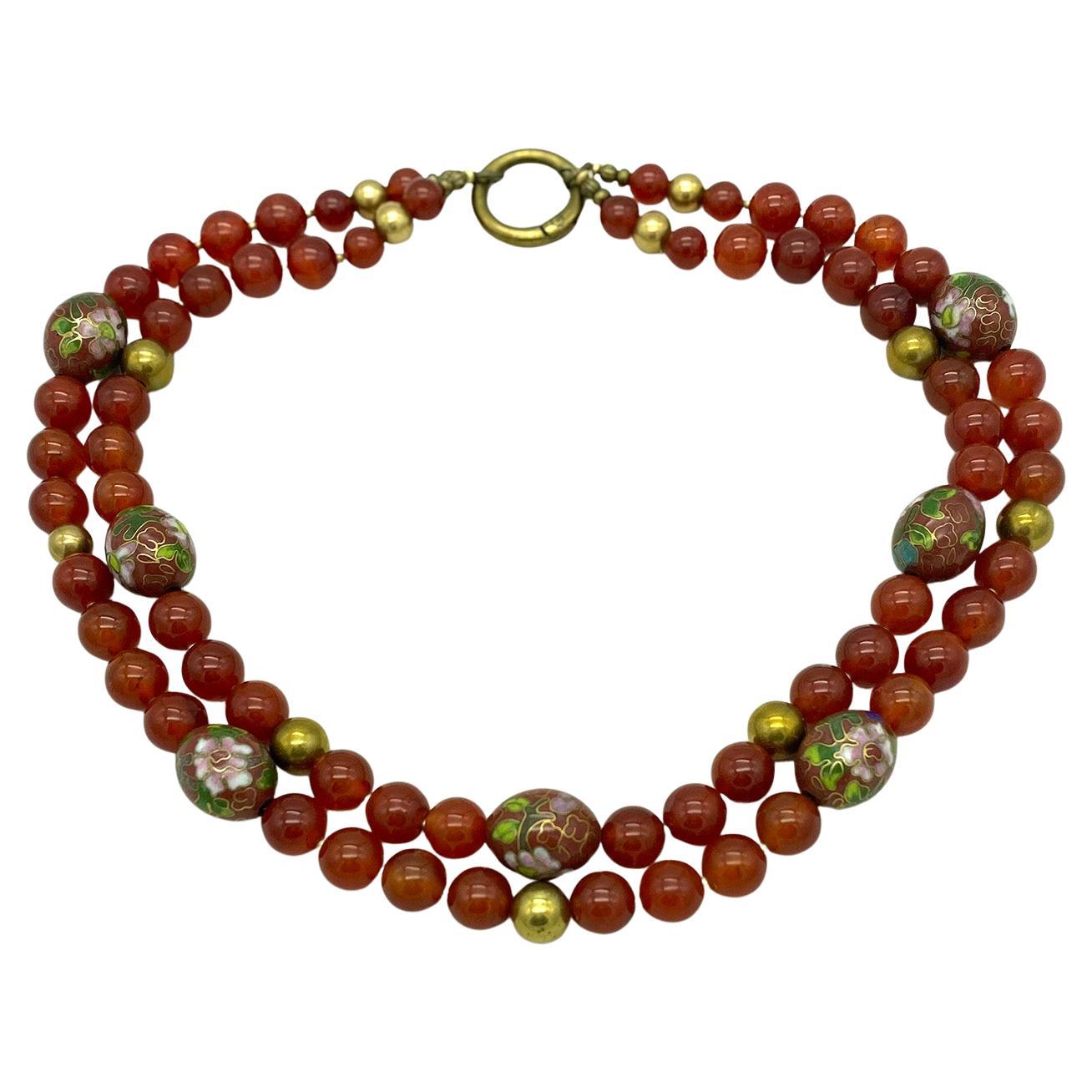 Collana a doppio filo in corniola e cloisonne in vendita 1