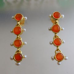 Carnelian and Cultured Pearl Gold Plated Sterling Silver Post Drop Earrings