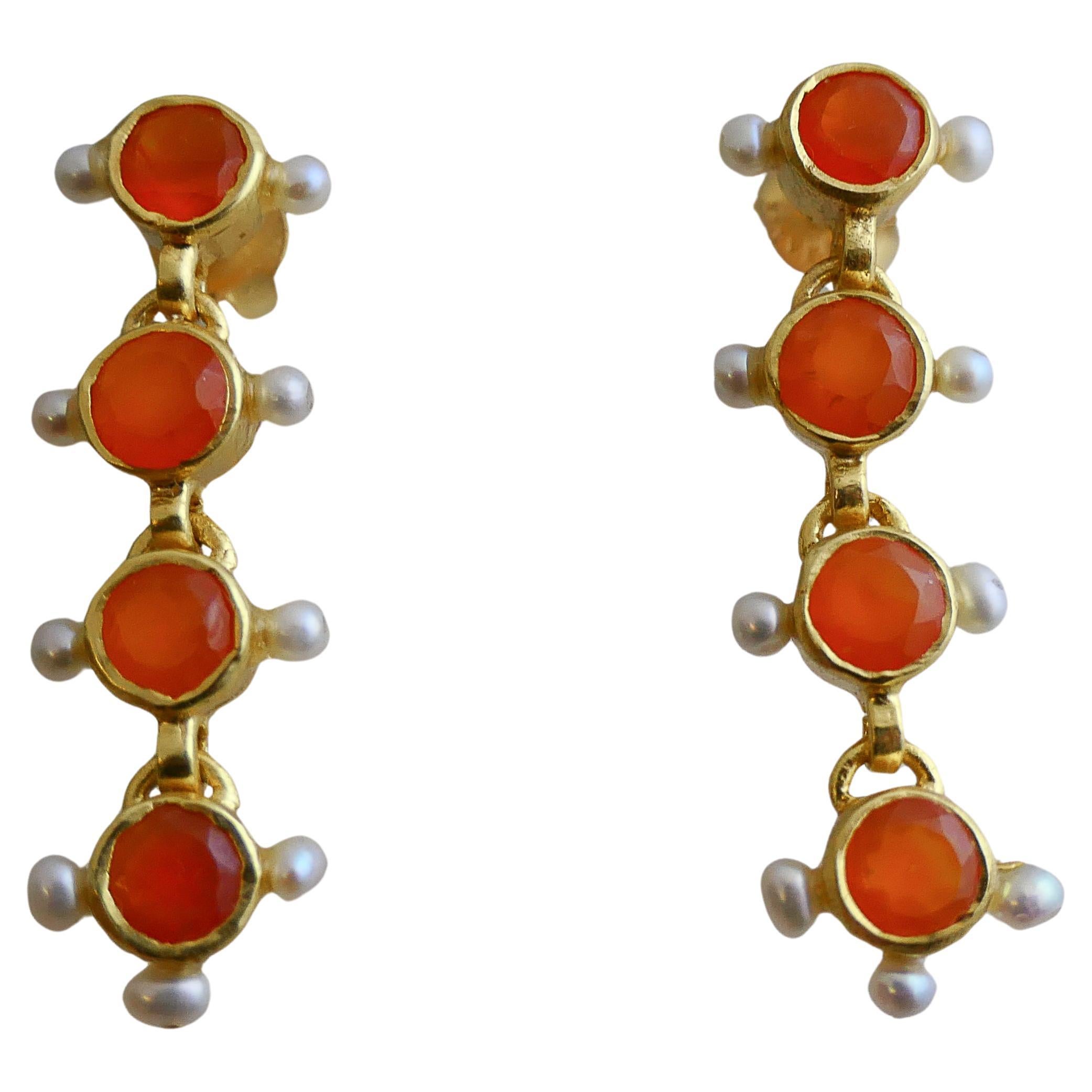 Carnelian and Cultured Pearl Gold Plated Sterling Silver Post Drop Earrings