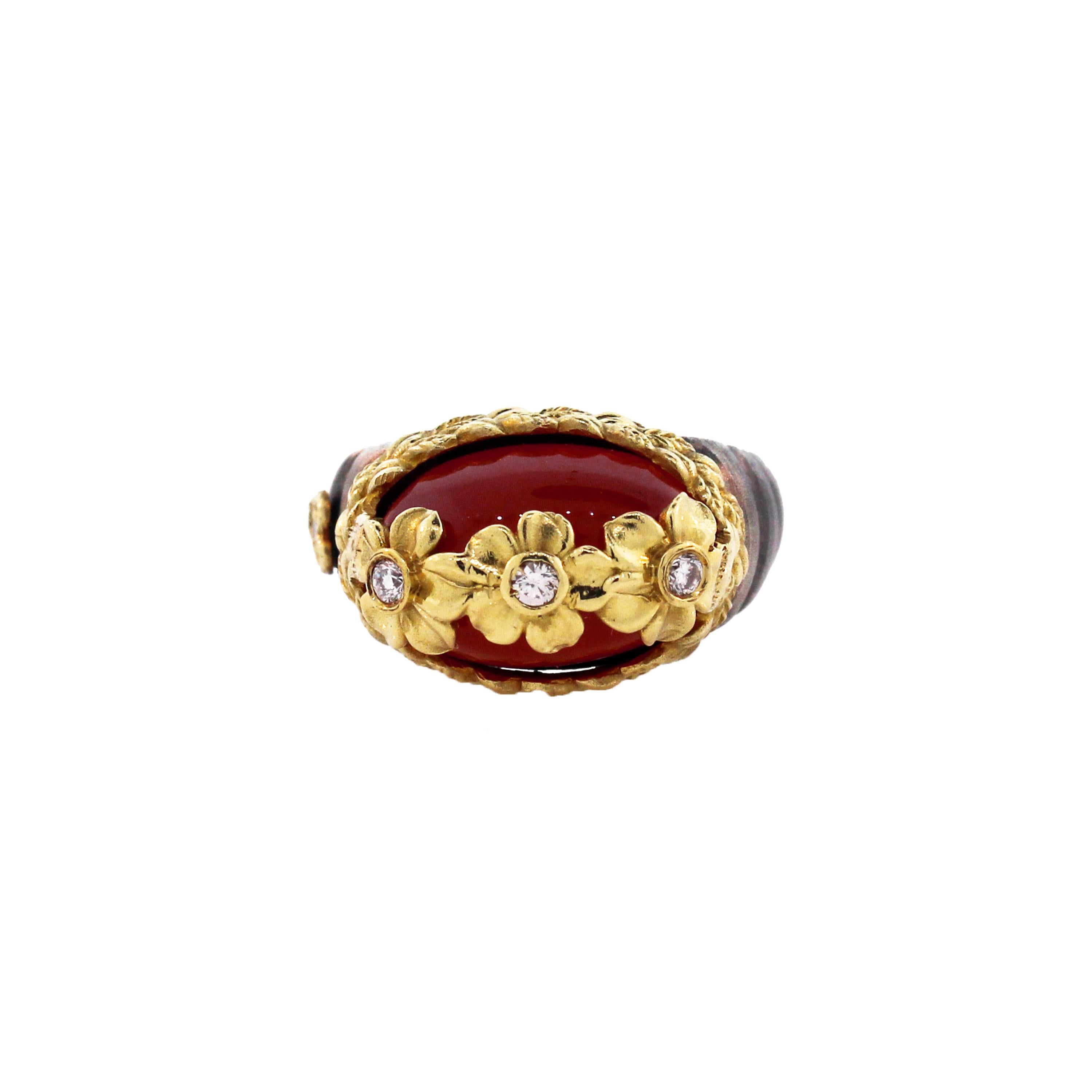 IF YOU ARE REALLY INTERESTED, CONTACT US WITH ANY REASONABLE OFFER. WE WILL TRY OUR BEST TO MAKE YOU HAPPY!

Aged Silver & 18K Gold Floral Ring with Diamonds and Carnelian Center by Stambolian

Center is Cabochon cut, oval Carnelian with floral