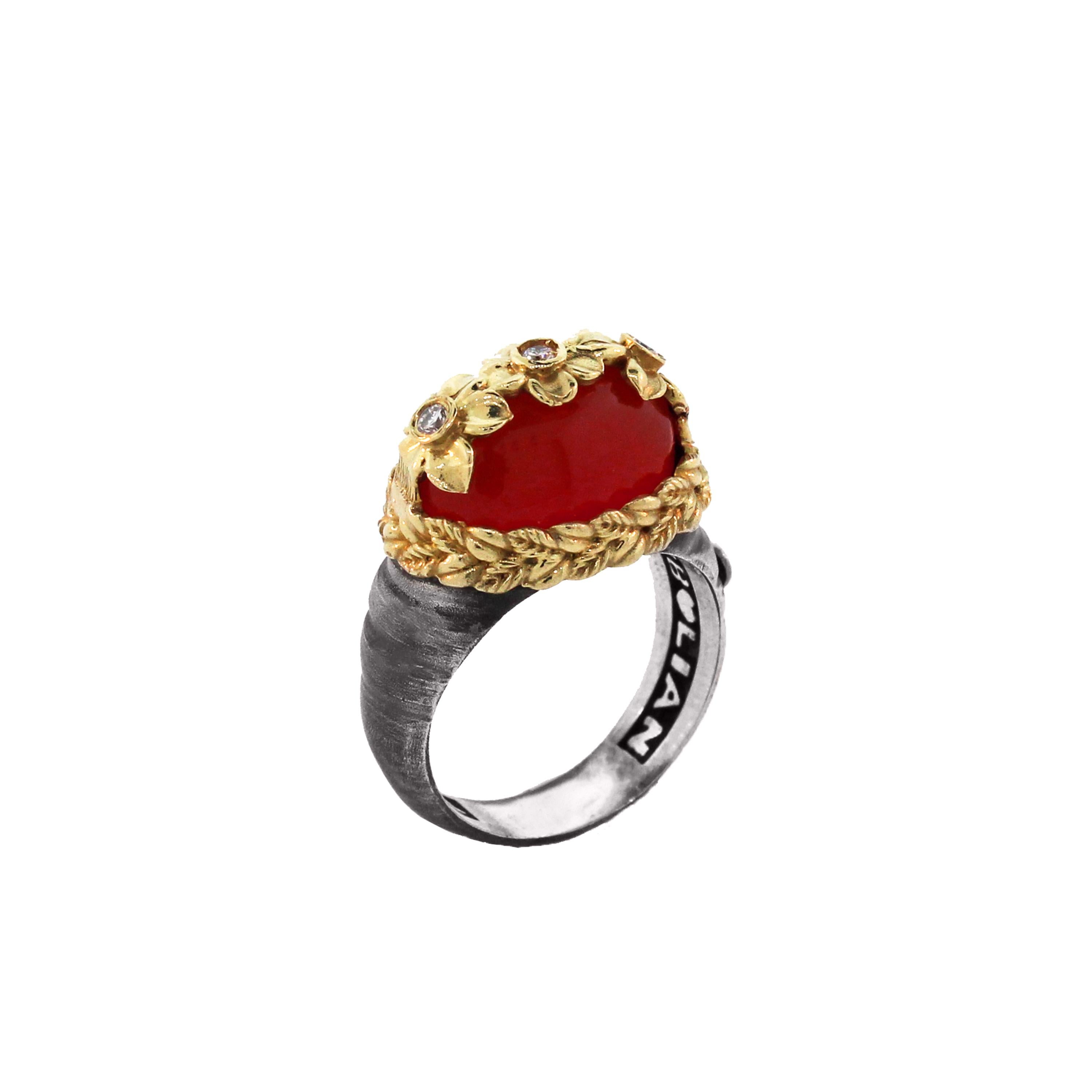 Round Cut Carnelian and Diamond Floral Ring with Sterling Silver and Gold Stambolian
