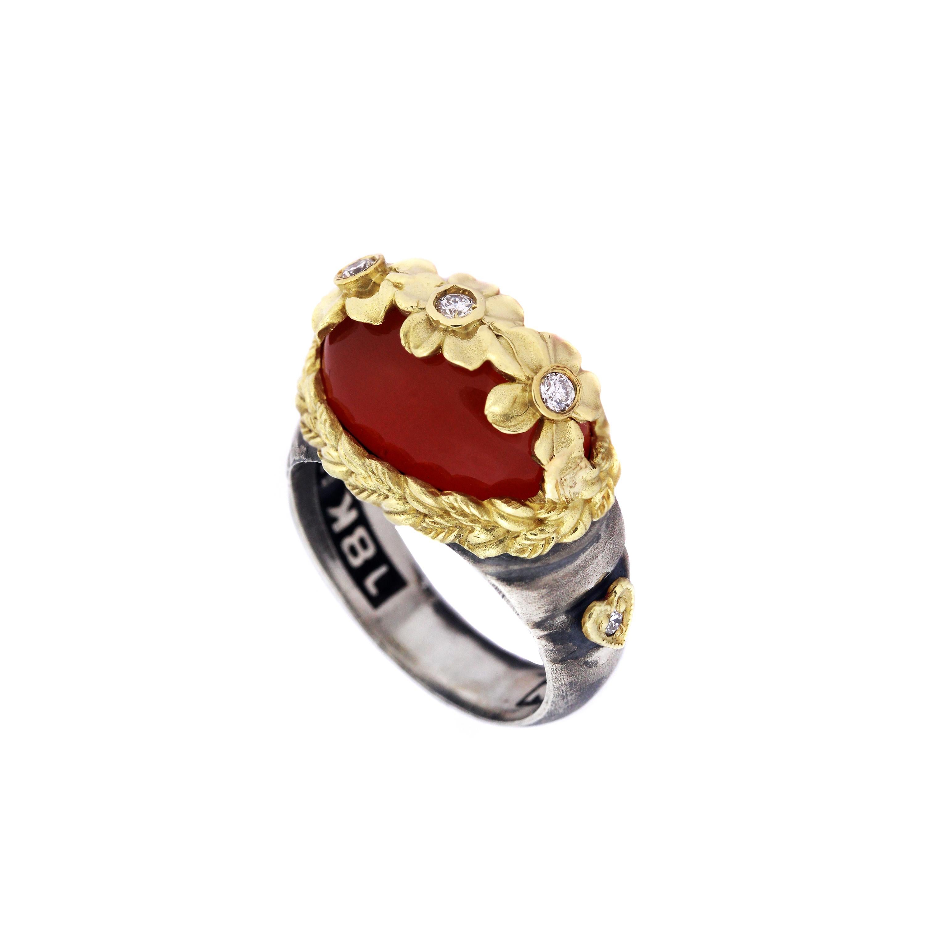Carnelian and Diamond Floral Ring with Sterling Silver and Gold Stambolian