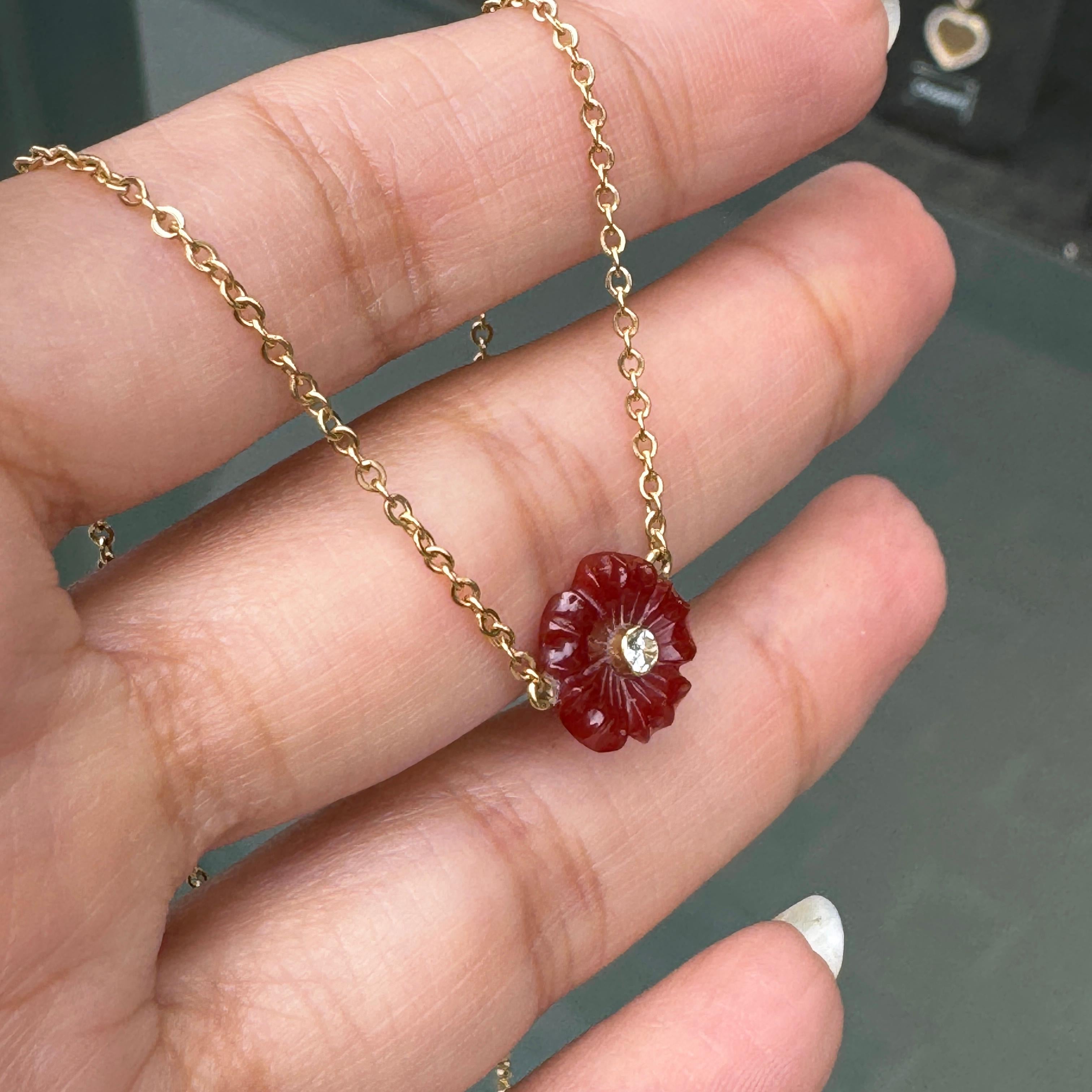 Brilliant Cut Carnelian and Diamond Flower Pendant 18ct Yellow Gold Necklace For Sale
