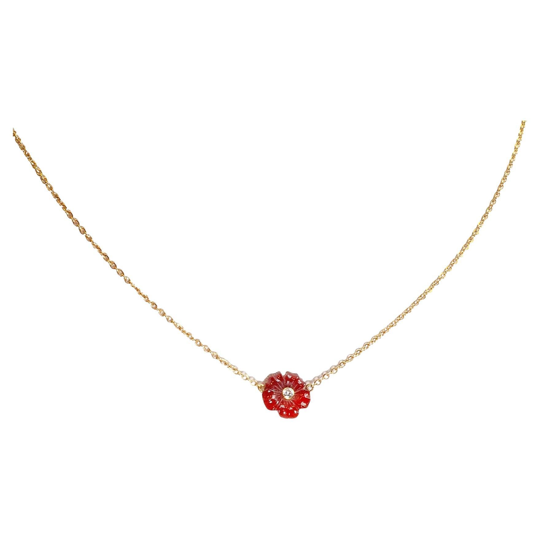 Carnelian and Diamond Flower Pendant 18ct Yellow Gold Necklace